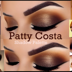 Patty Costa eyeshadow palette with 12 vibrant shades in matte and shimmer finishes, arranged in rectangular pans