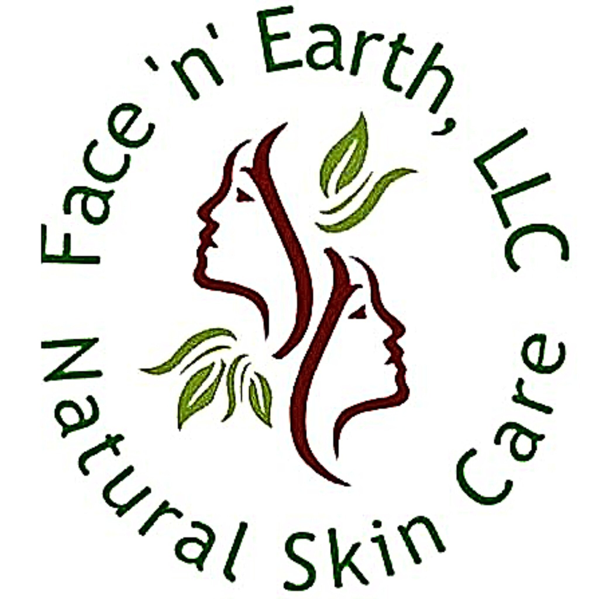 Face 'n' Earth logo with green and brown text and graphic elements, white background, natural skin care brand