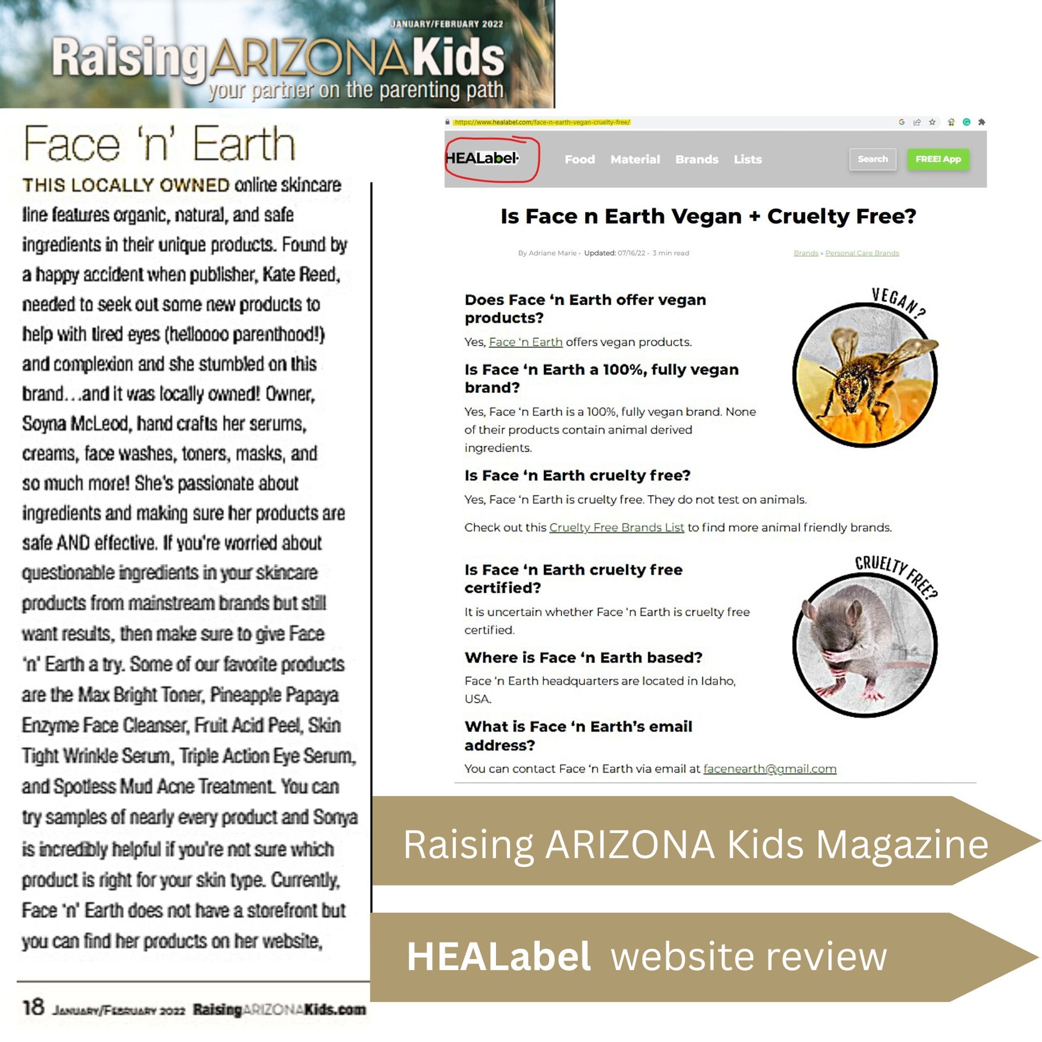 Face 'n' Earth article with text, logo, and images about vegan and cruelty-free products