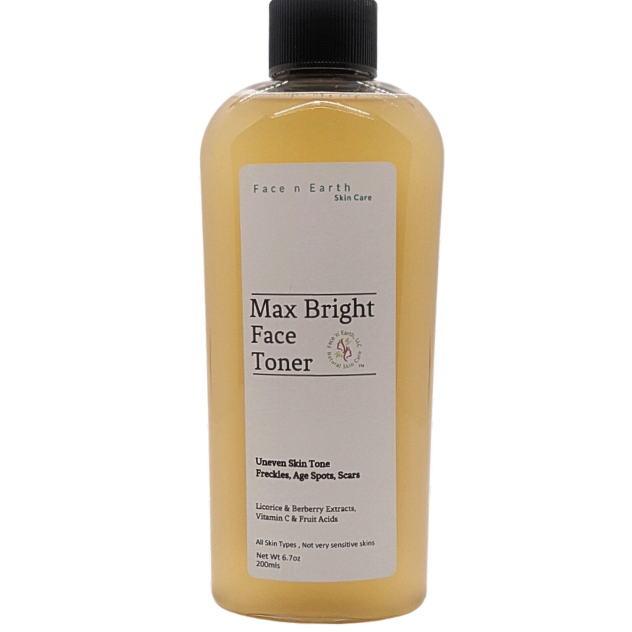 Face toner bottle with yellow liquid, black cap, and white label with Face n Earth text