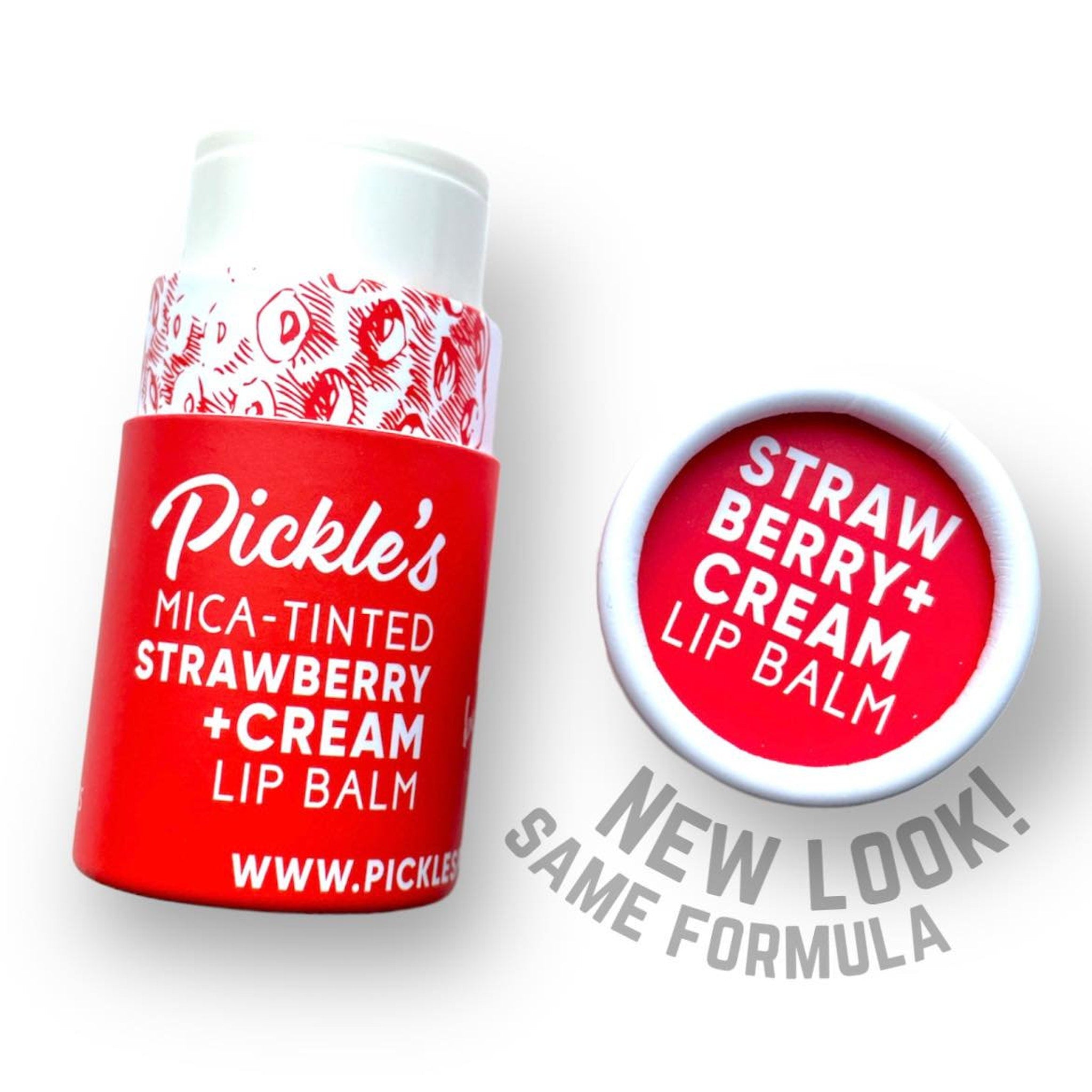 Lip balm in red cardboard tube with Pickle's brand, white text, and berry design on lid