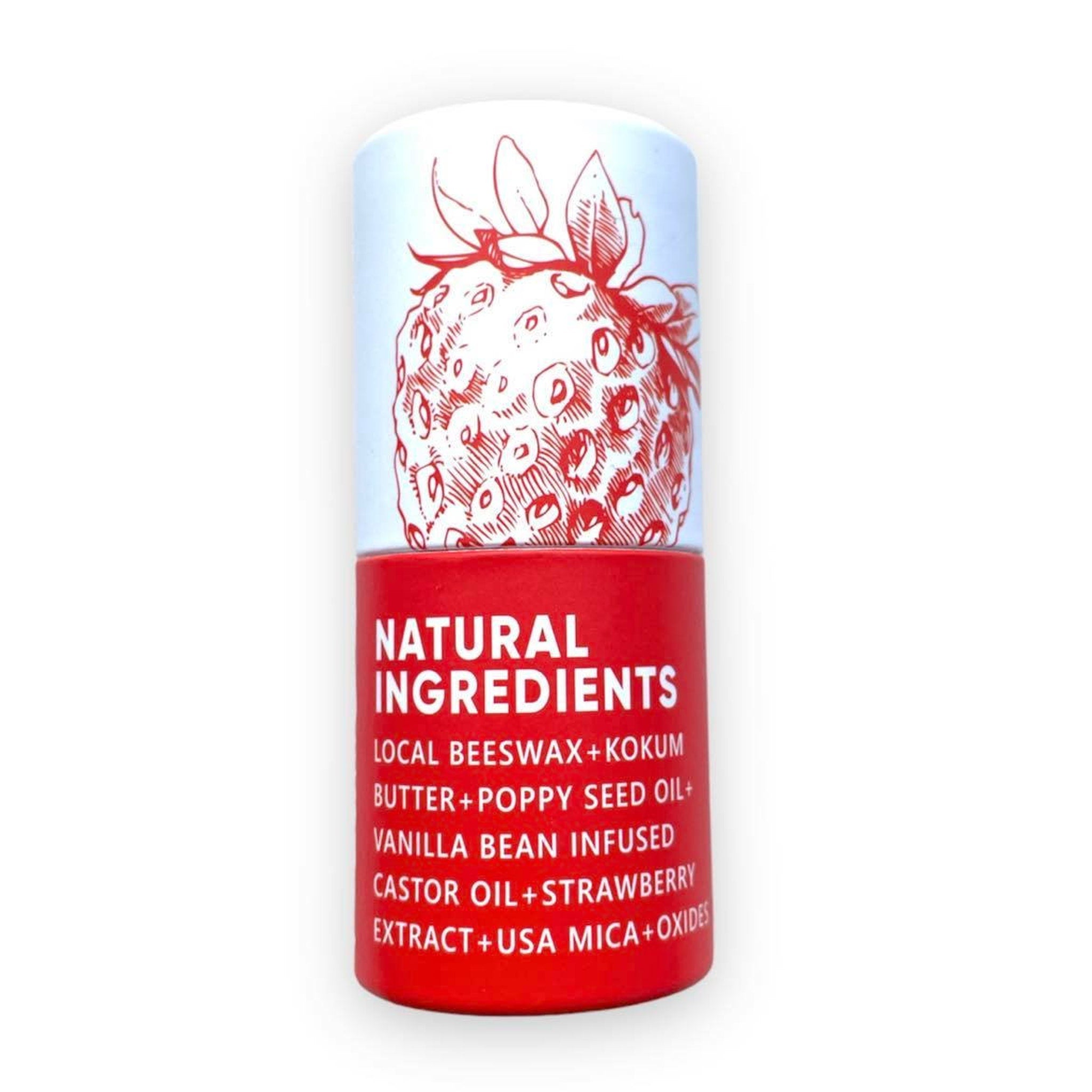 Lip balm tube with red and white color scheme, strawberry illustration, and "NATURAL INGREDIENTS" text.