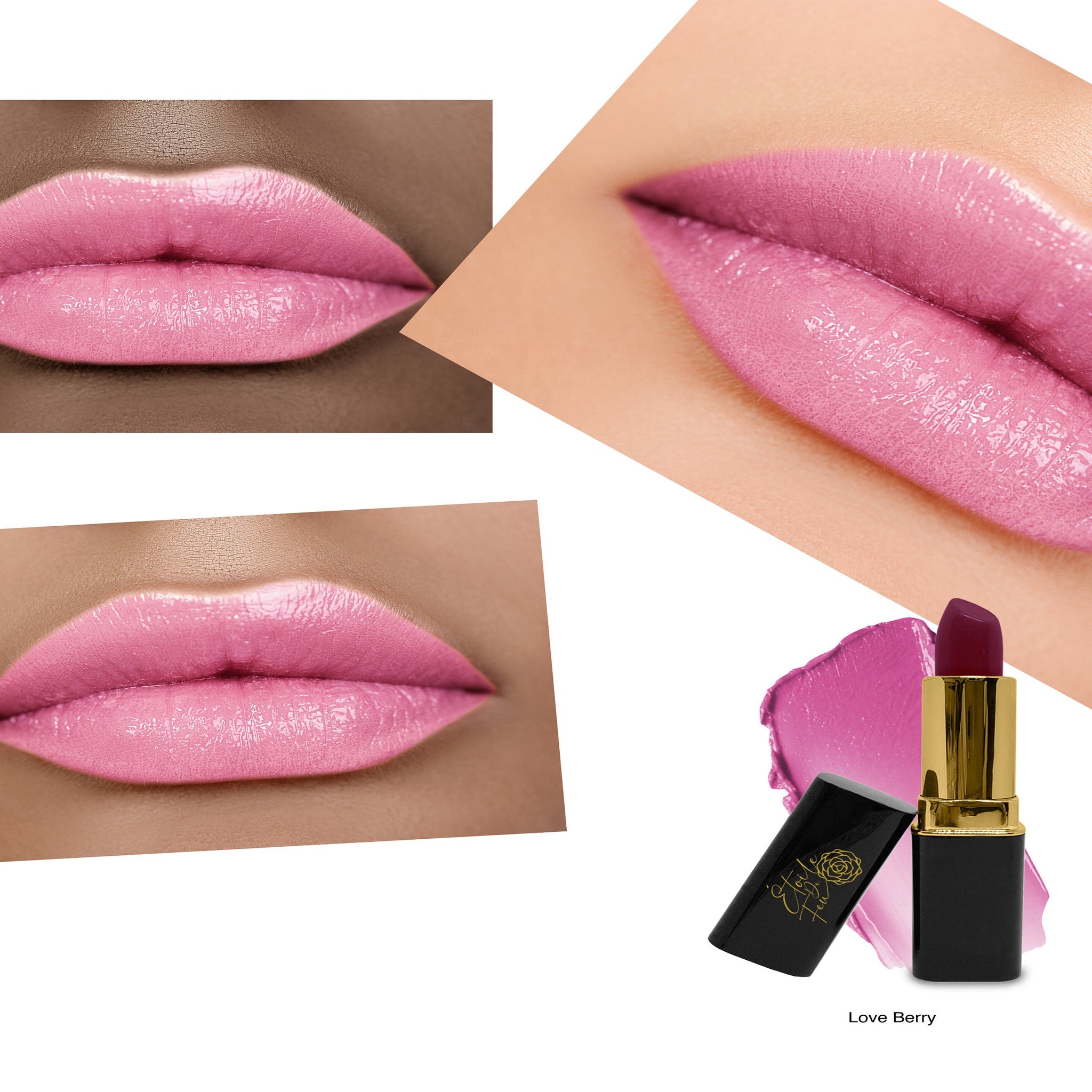 Lipstick, pink glossy lips, black and gold tube, "Etoile de Feu" brand