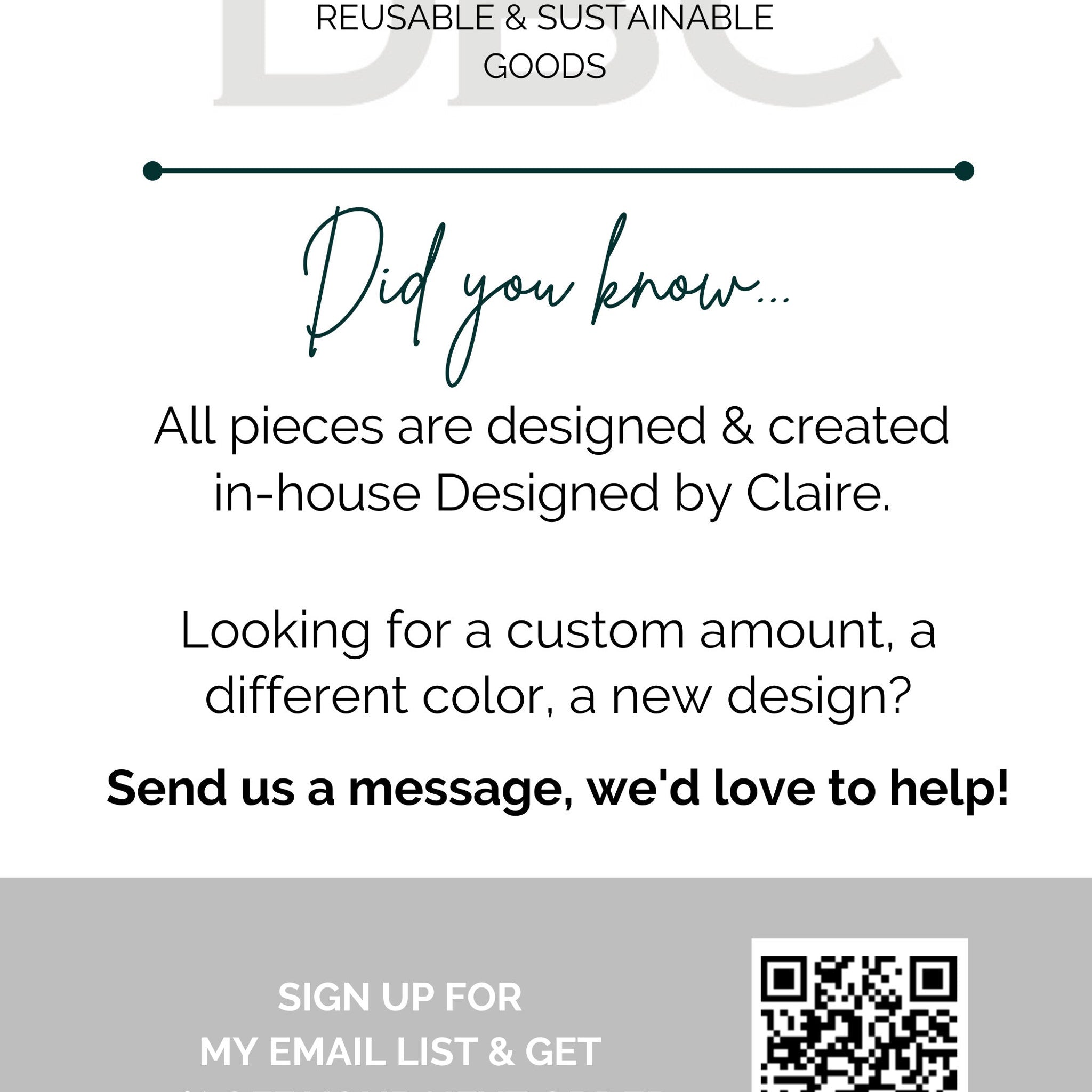 DBC brand logo with green text and black script, white background, and QR code for email list sign up