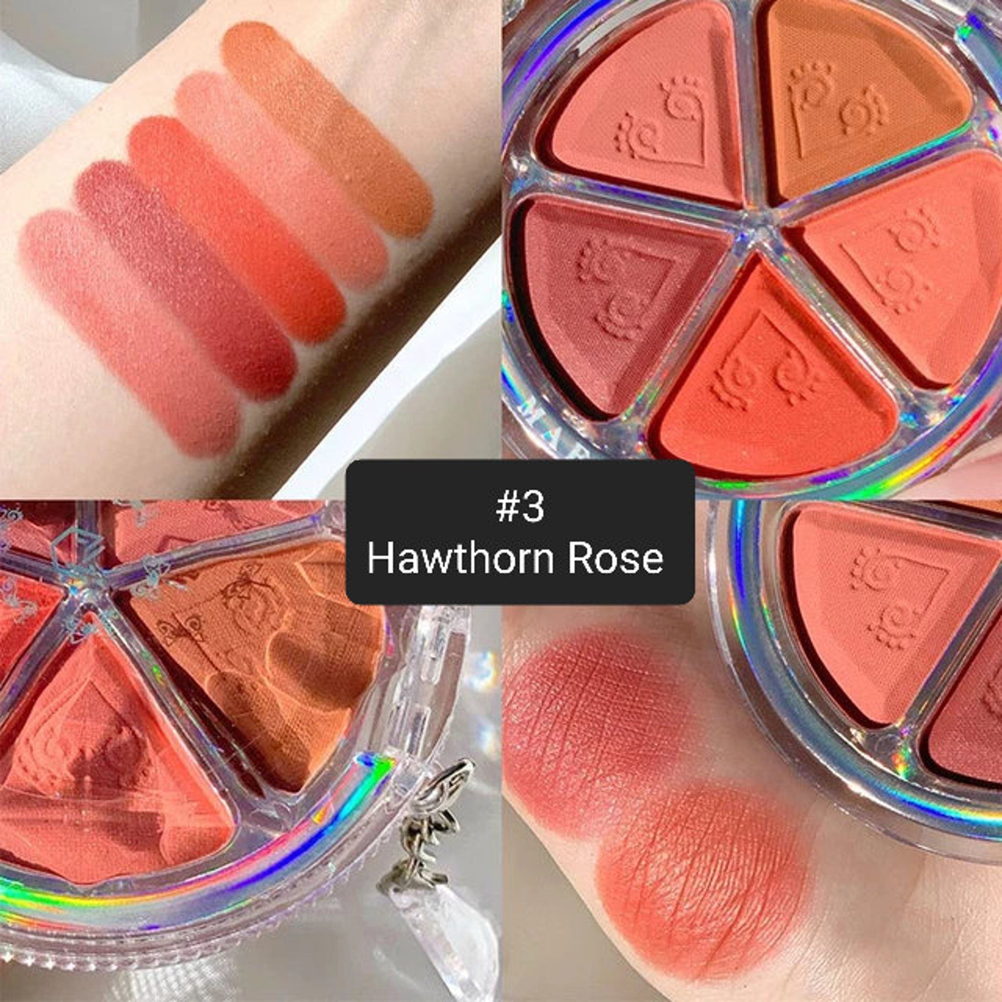 Blush palette with pink, orange, and brown shades, floral pattern, and swatches on skin