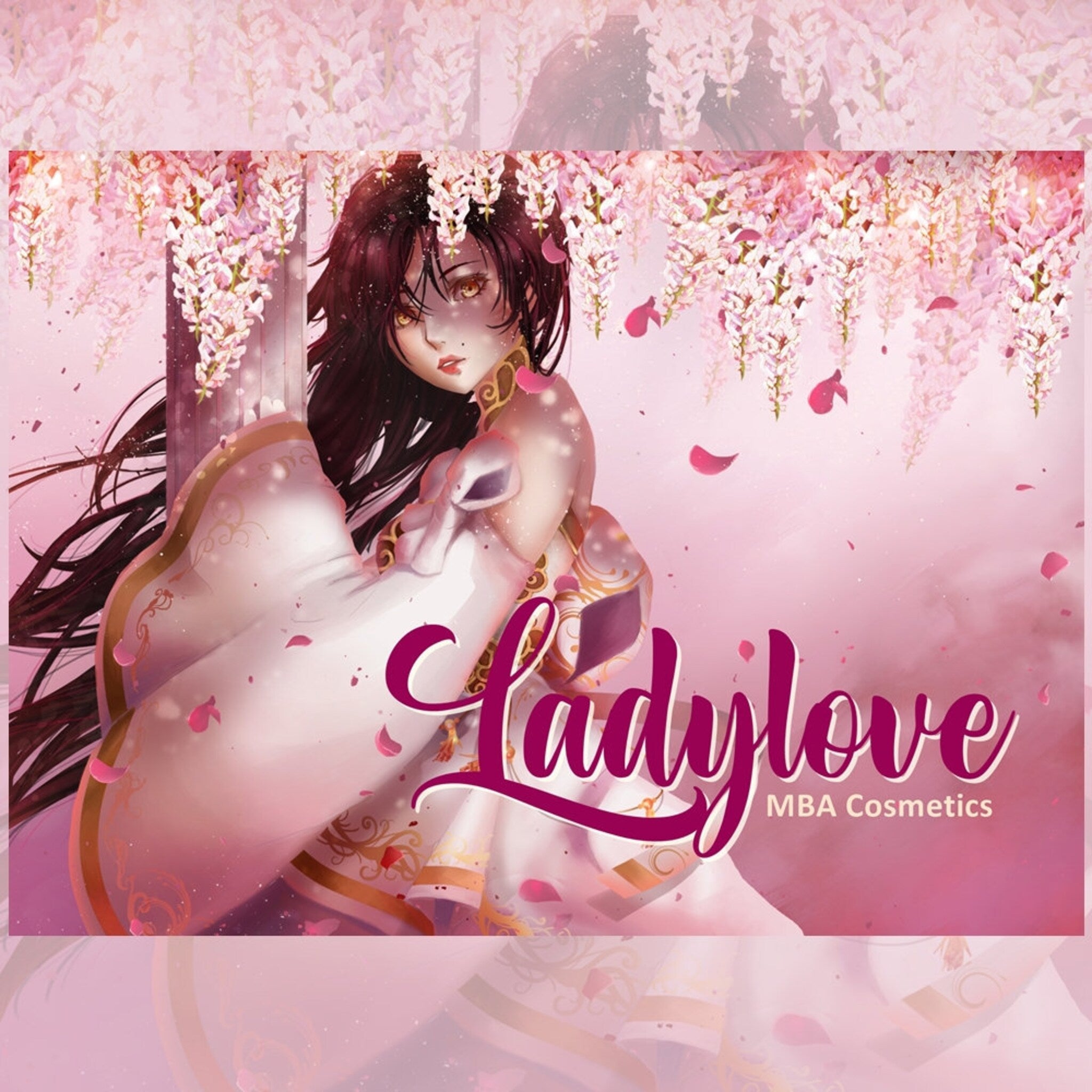 Ladylove MBA Cosmetics logo on pink background with illustration of woman in white kimono with floral details and falling petals