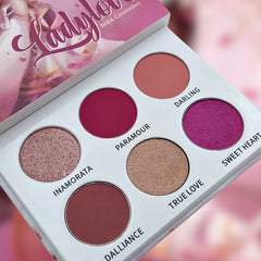 Eyeshadow palette with multiple colors, round pans, and MBA Cosmetics branding