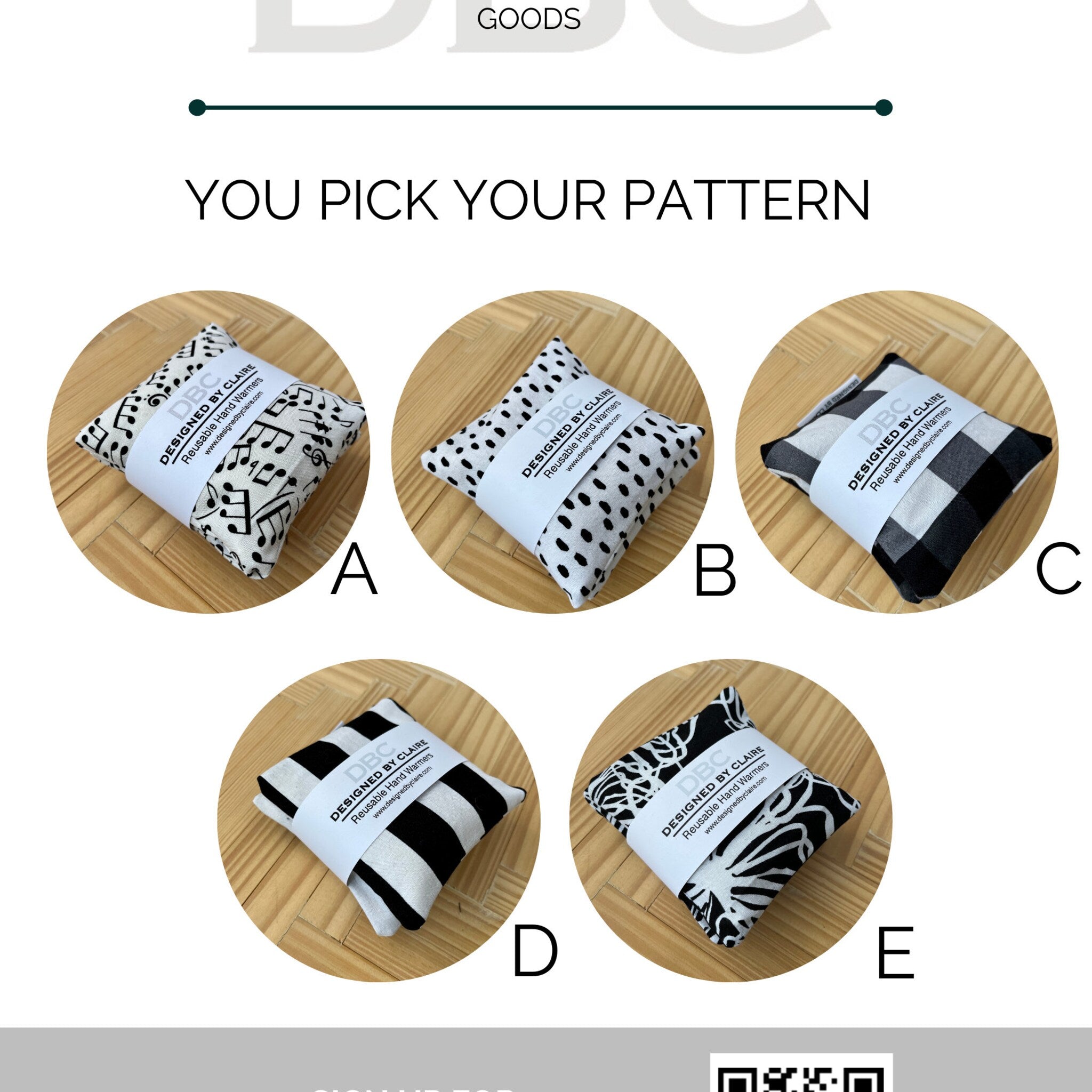 Reusable hand warmers with black and white patterns, DBC brand visible, various styles shown