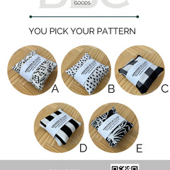 Reusable hand warmers with black and white patterns, DBC brand visible, various styles shown