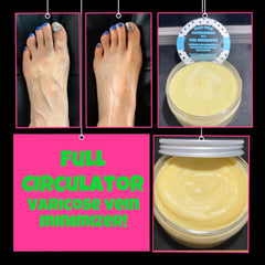 Side view of white jar with soothing body butter for varicose veins, showcasing rich cream texture and minimalist packaging