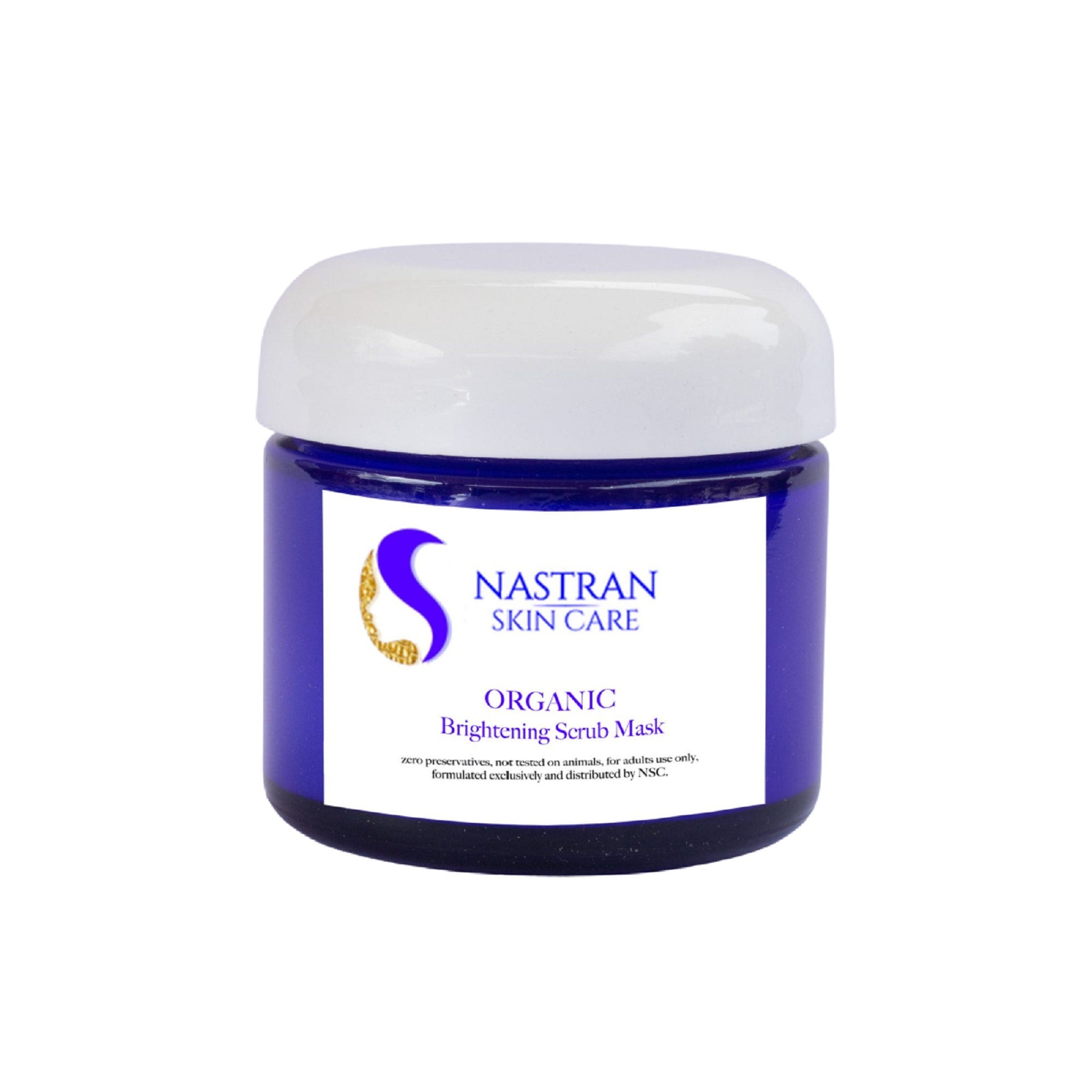 Facial cleanser jar with white lid, blue body, and Nastran Skin Care label
