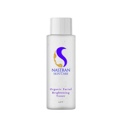 Toner bottle, clear glass, white cap, with Nastran Skin Care logo and text