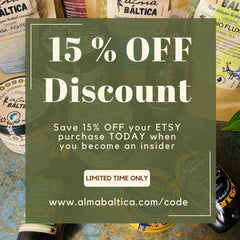 Alma Baltica discount promotion with green background, white text, and brand logo.