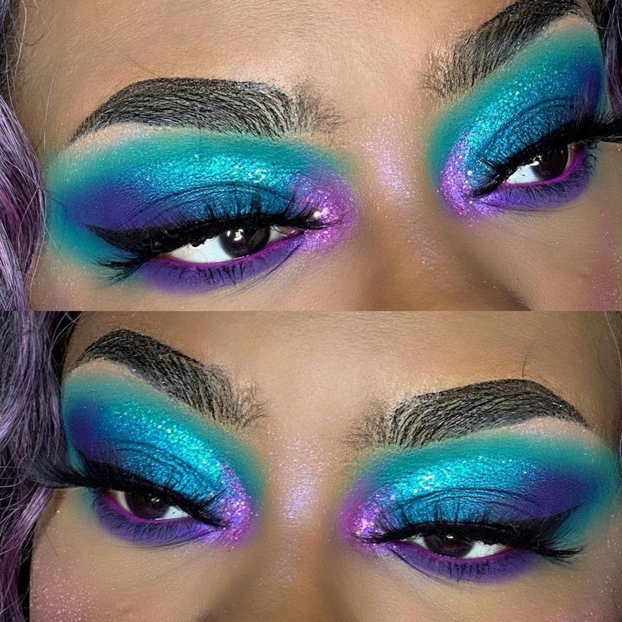 Eyeshadow makeup with teal, purple, and glittery finish, applied on eyes