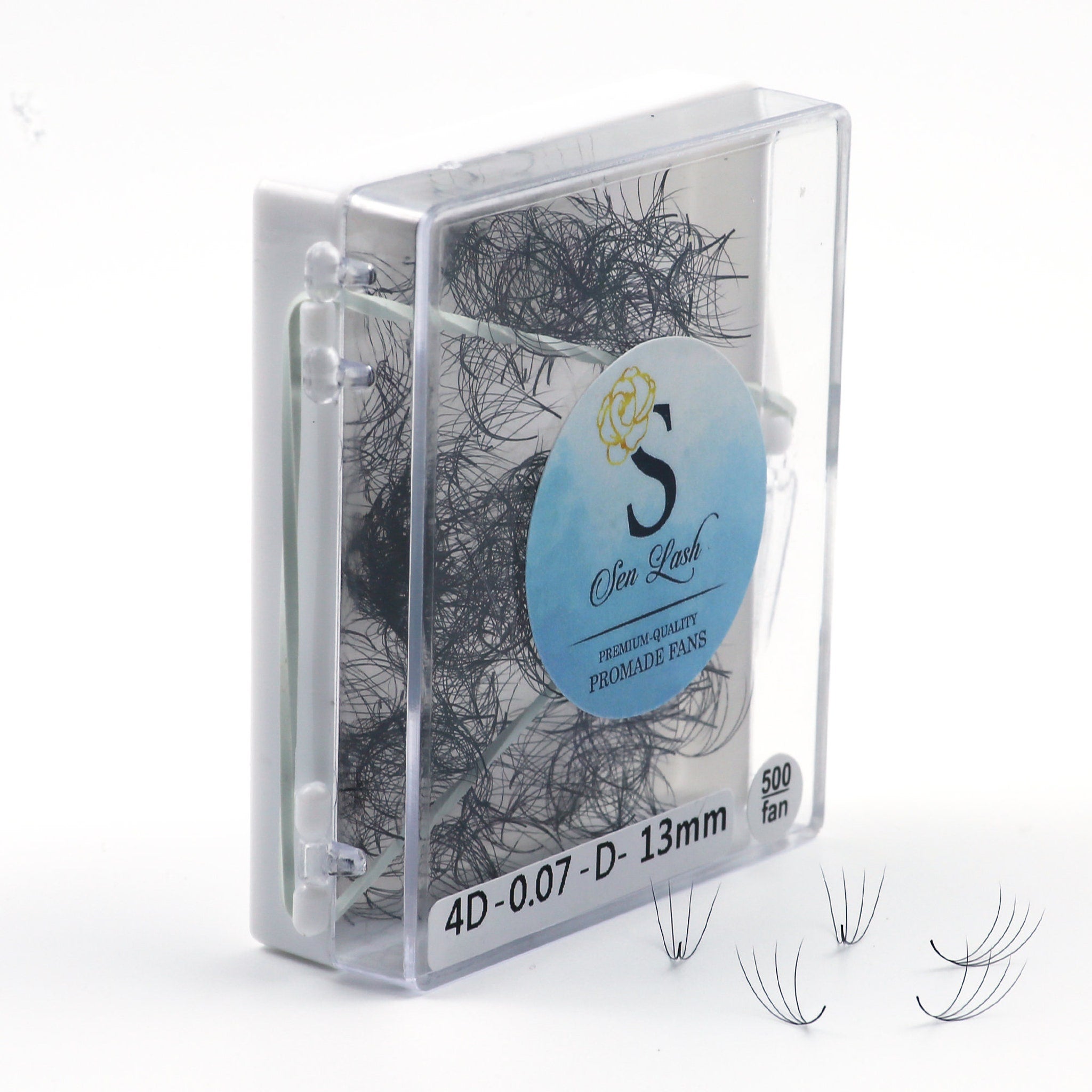 4D Premade Fans eyelash extensions, black synthetic fiber, in clear case with Sen Lash label