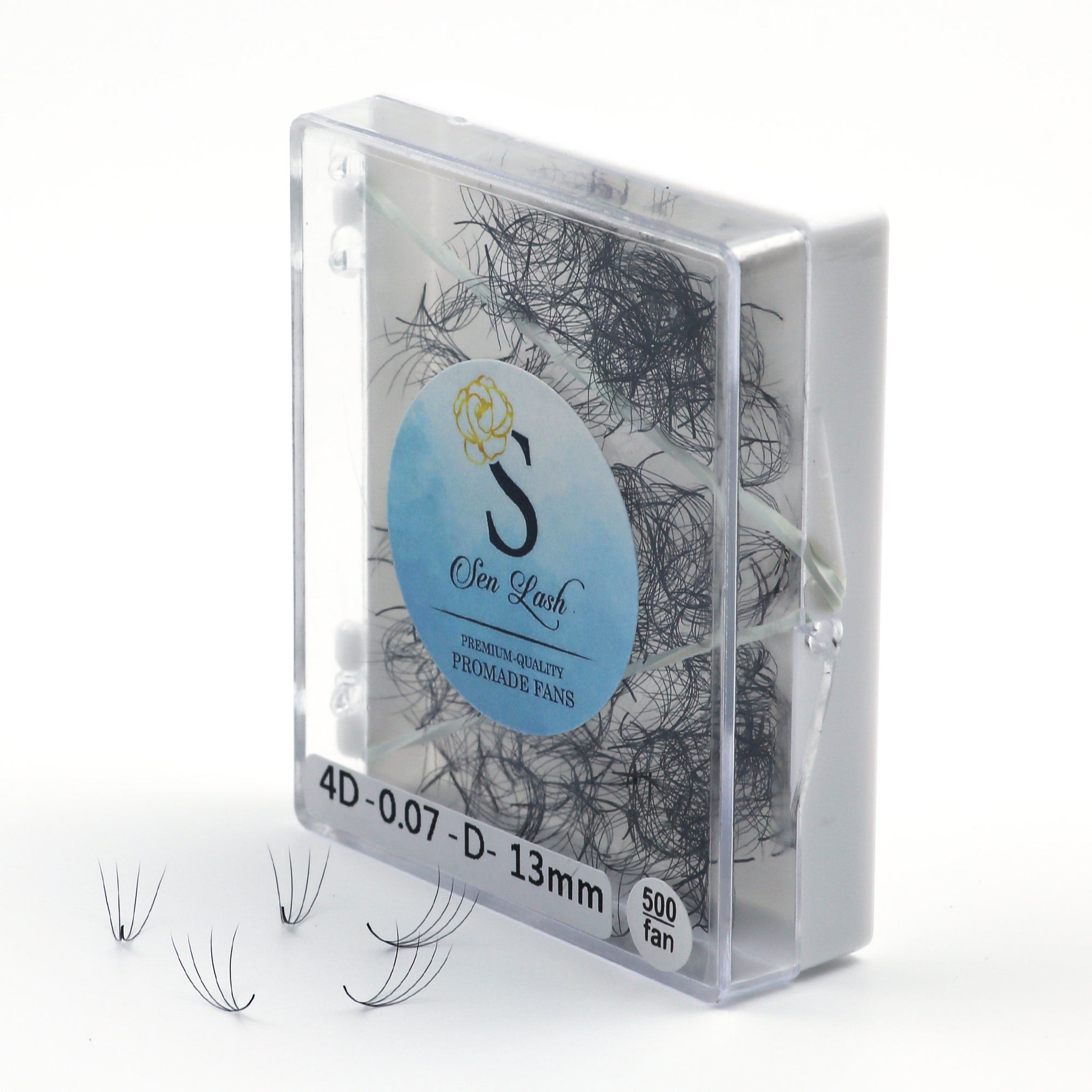 Promade fans in clear plastic box with Sen Lash label, black lashes, white background