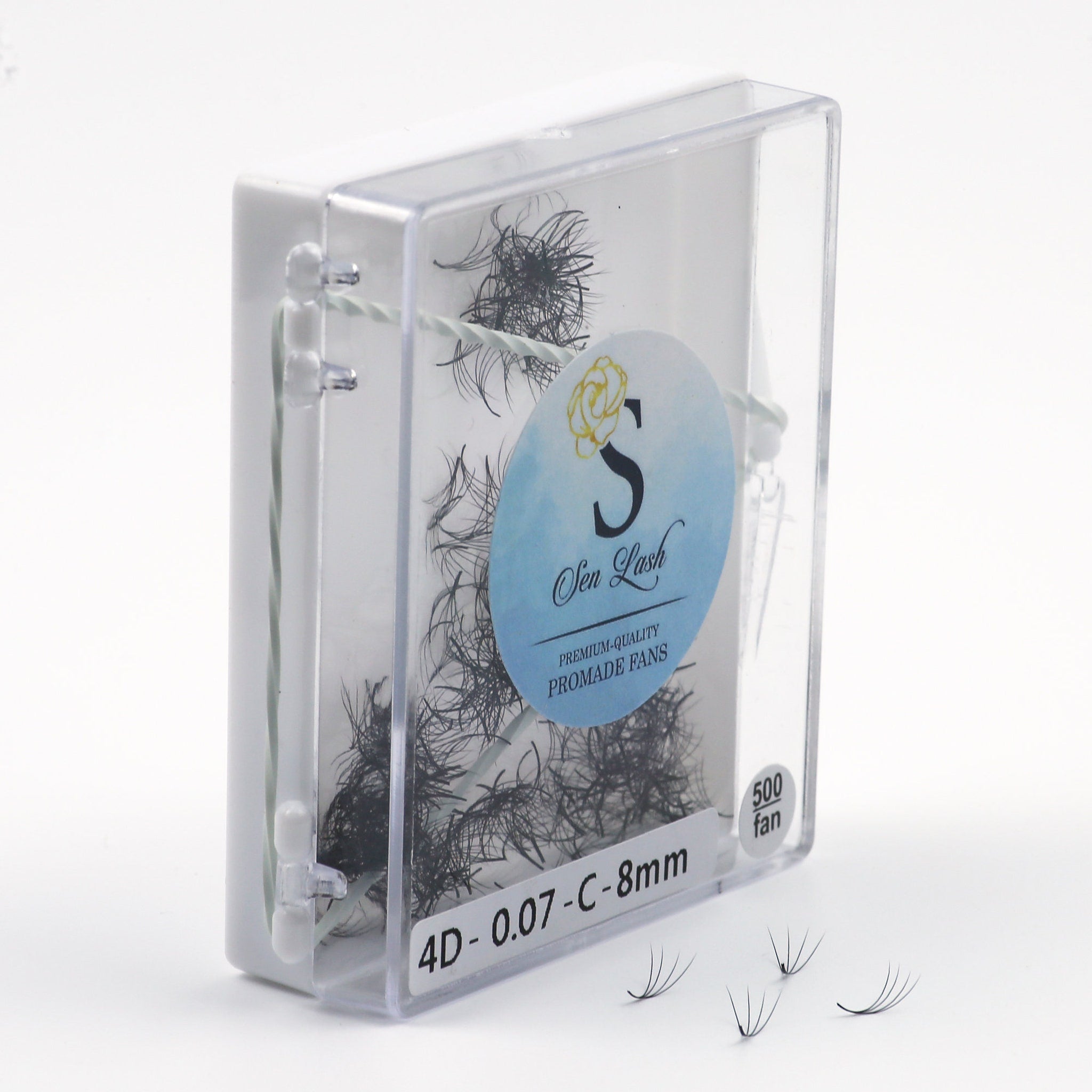 Promade fans in clear plastic box with Sen Lash label and black lashes visible