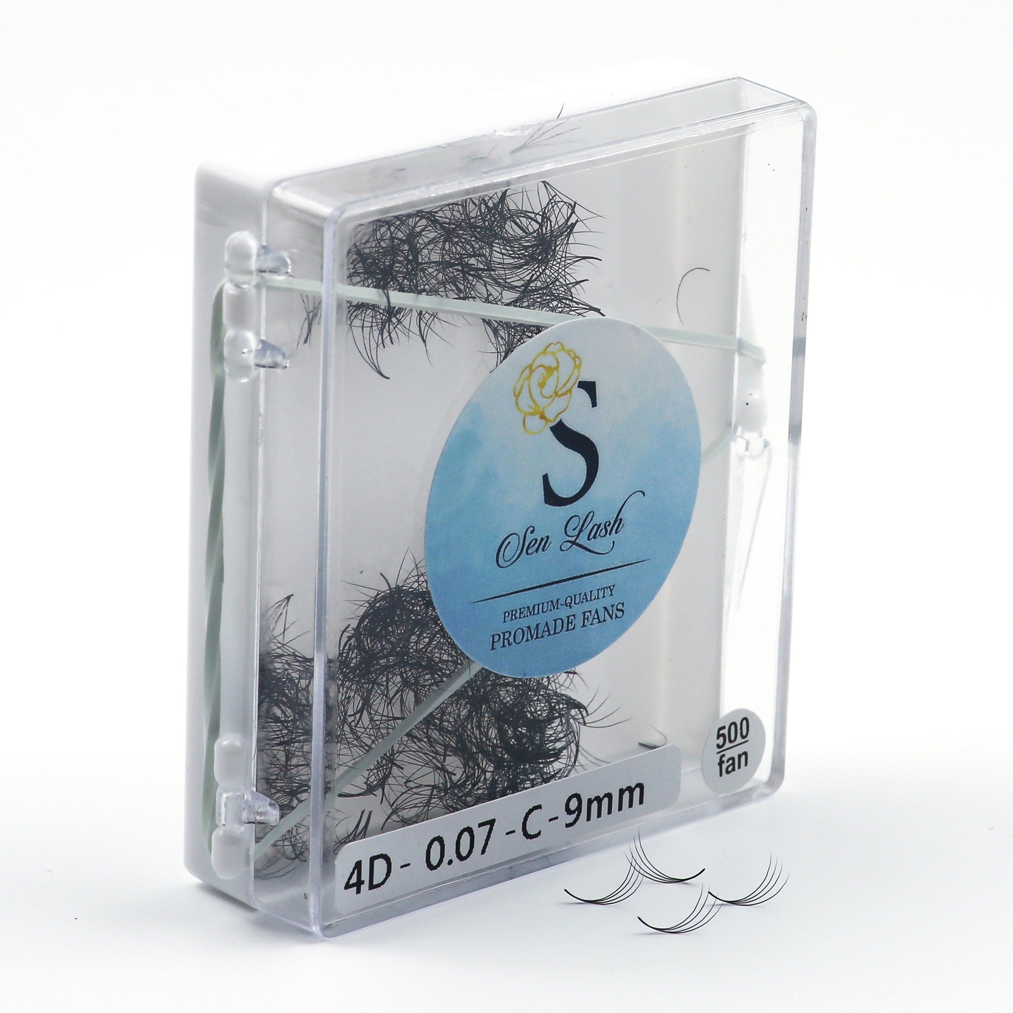 Promade fans in clear case with black lashes and Sen Lash label