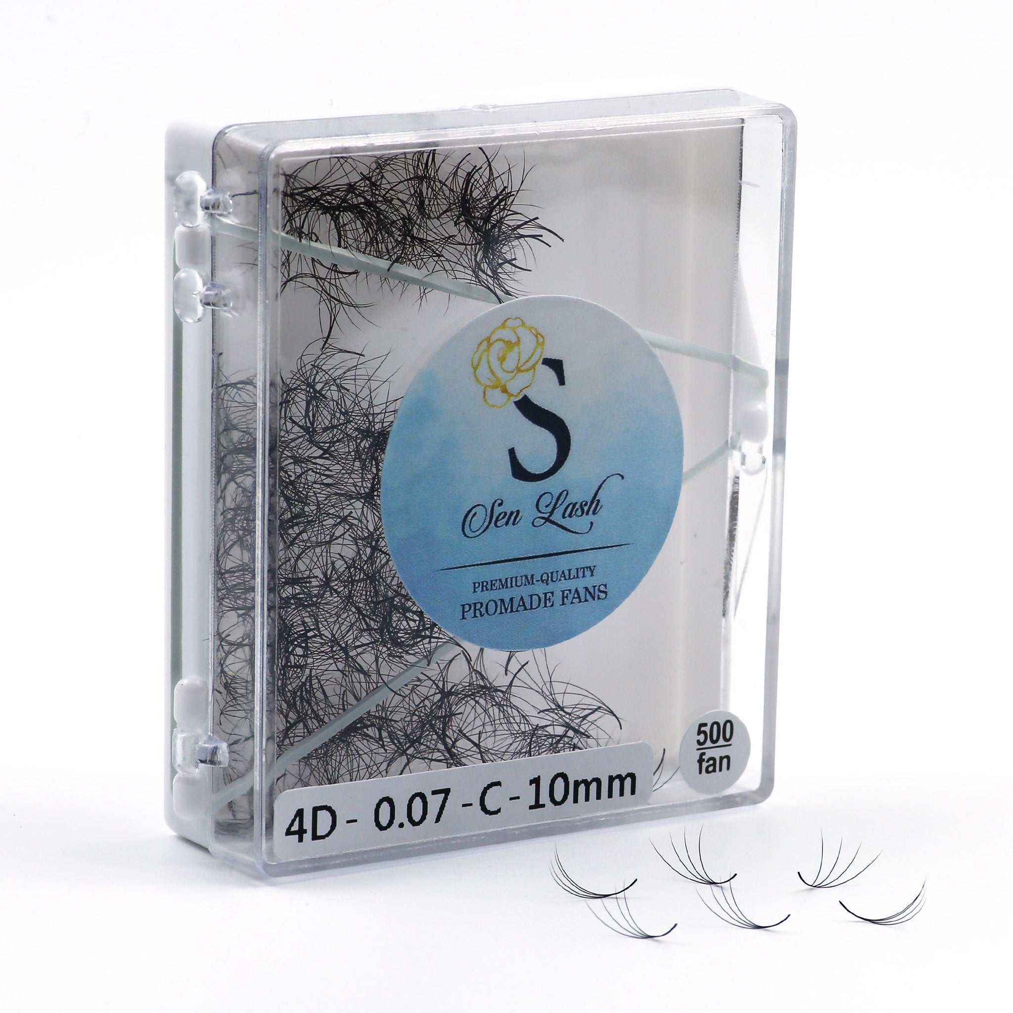 Eyelash extensions in clear plastic case with black lashes, Sen Lash branding visible, and 500 fan count