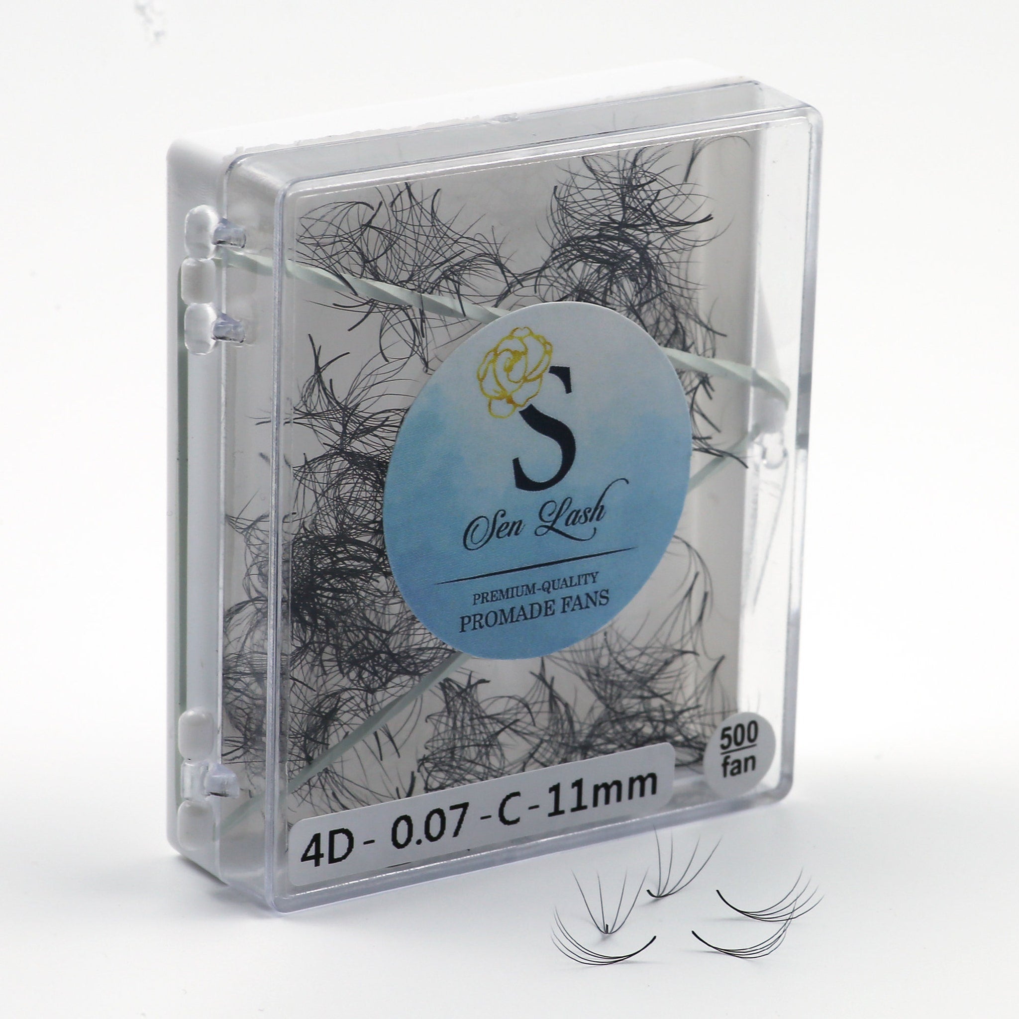 Eyelash extensions in clear plastic case with black lashes and Sen Lash label