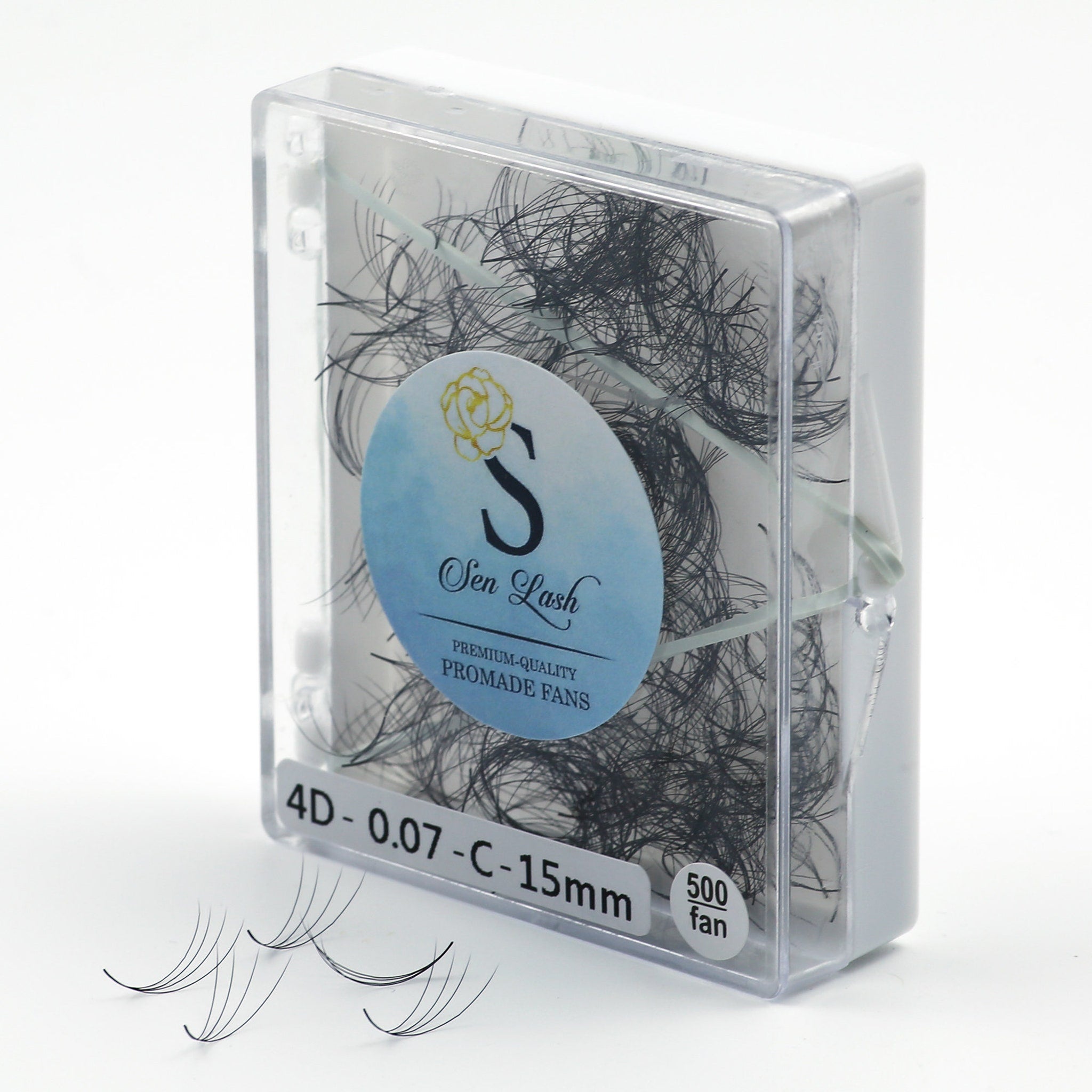 Promade lash fans in clear plastic case with Sen Lash label and black lashes visible