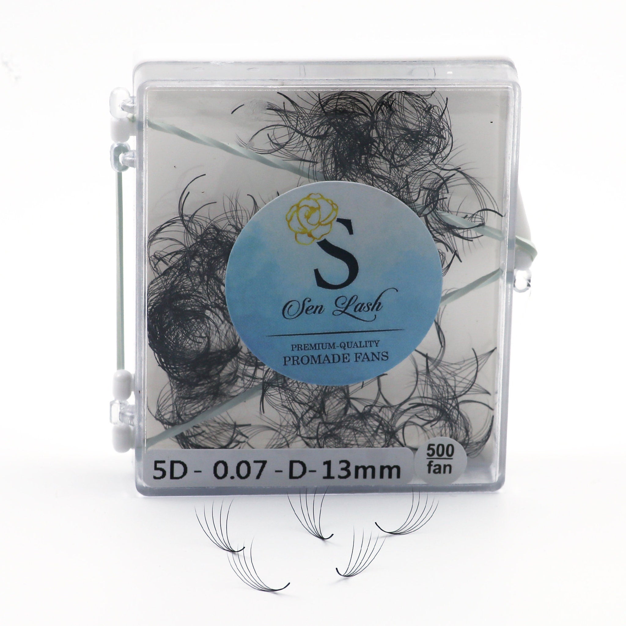 5D premade fans eyelash extensions, black synthetic lashes, clear plastic case, Sen Lash brand