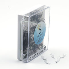 Eyelash extensions in clear plastic case with black lashes and Sen Lash label on white surface