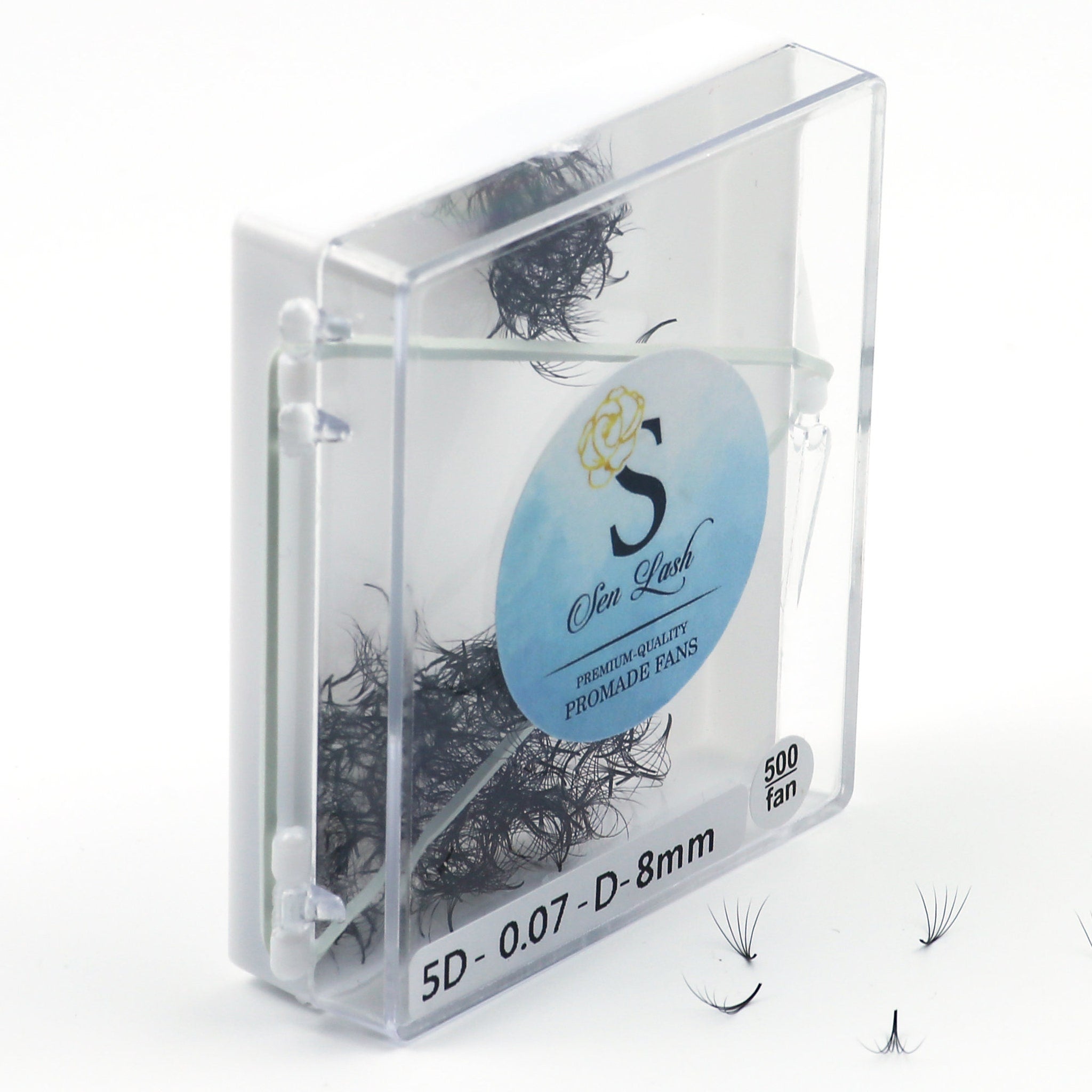 Eyelash extensions in clear plastic case with black lashes and Sen Lash label