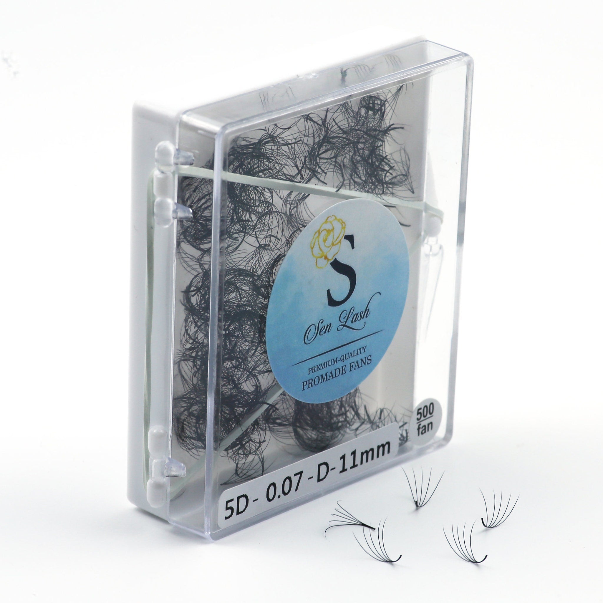 Eyelash extensions in clear plastic case with Sen Lash label, black lashes, and white background