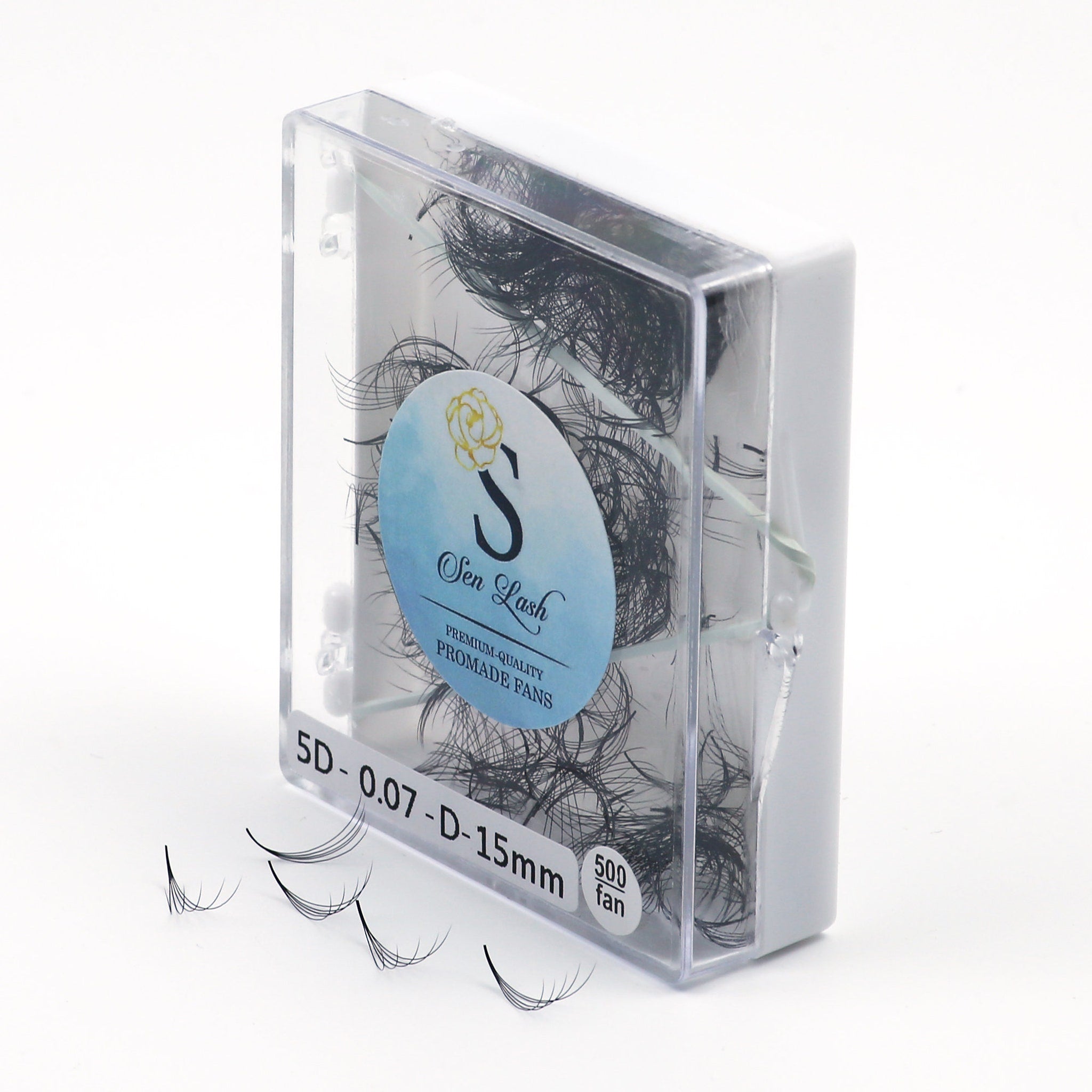 Eyelash extensions in clear plastic case with black lashes and Sen Lash logo visible