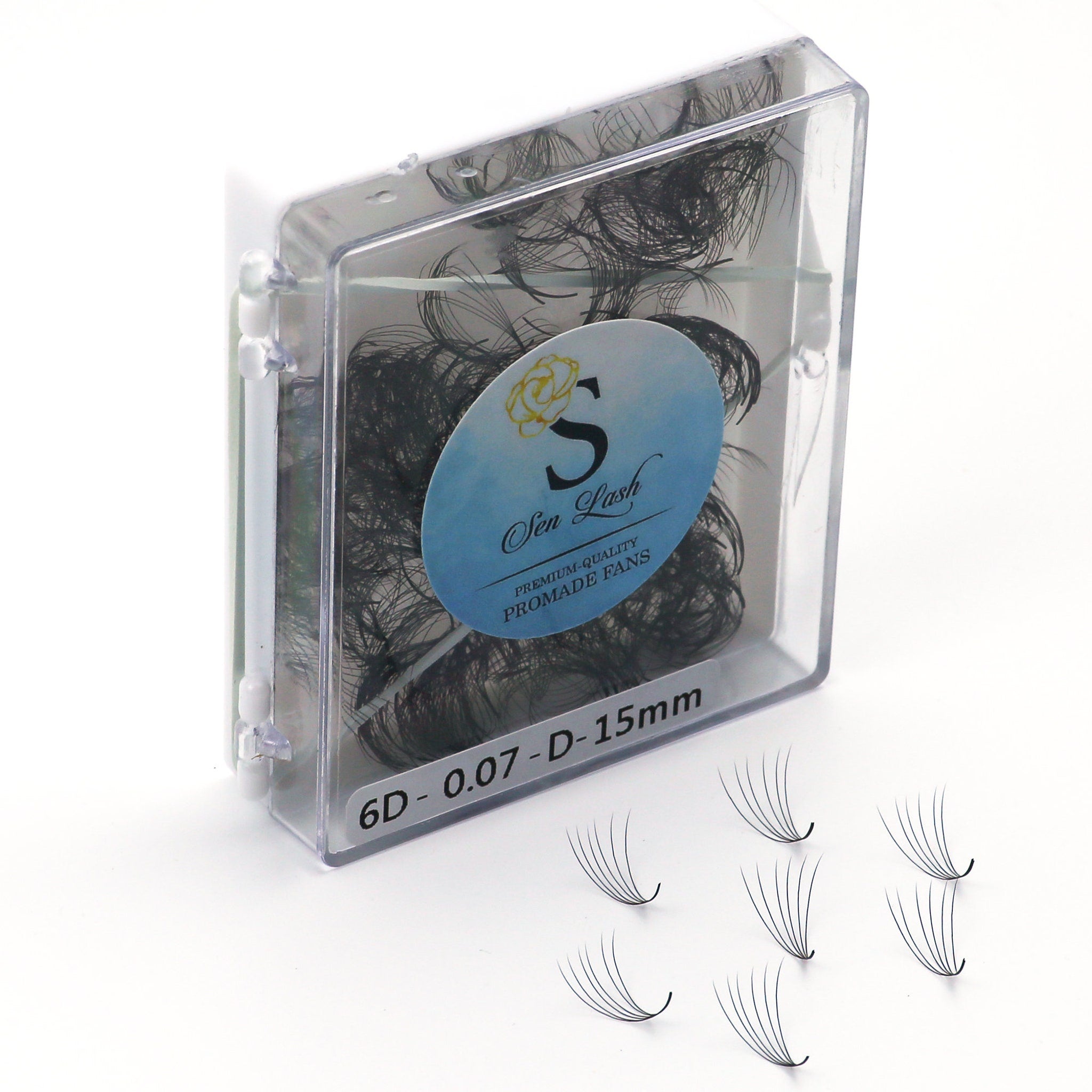Eyelash extensions in clear plastic case with black lashes and Sen Lash label