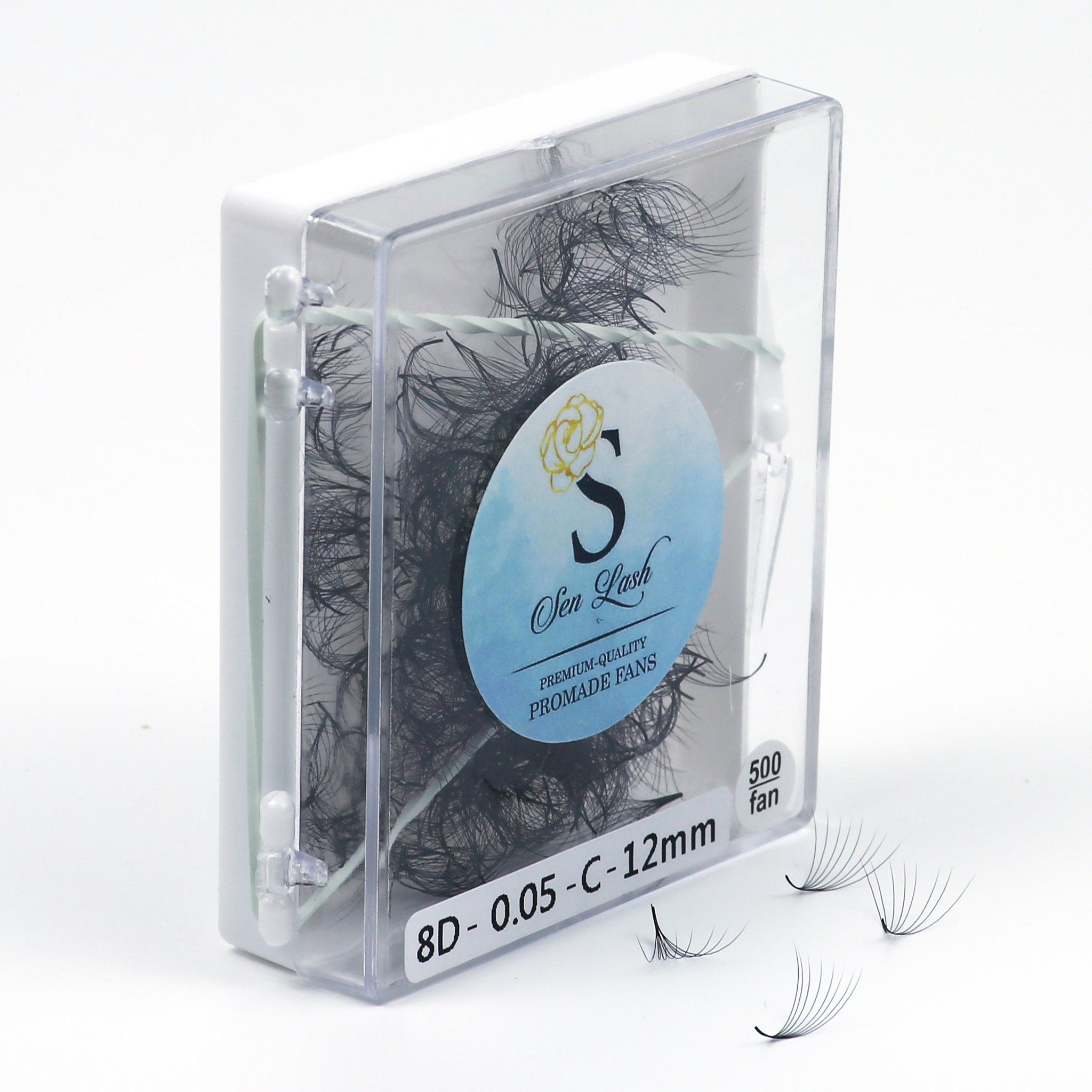 Premade volume eyelash extensions, black synthetic fiber, in clear plastic case, Sen Lash label