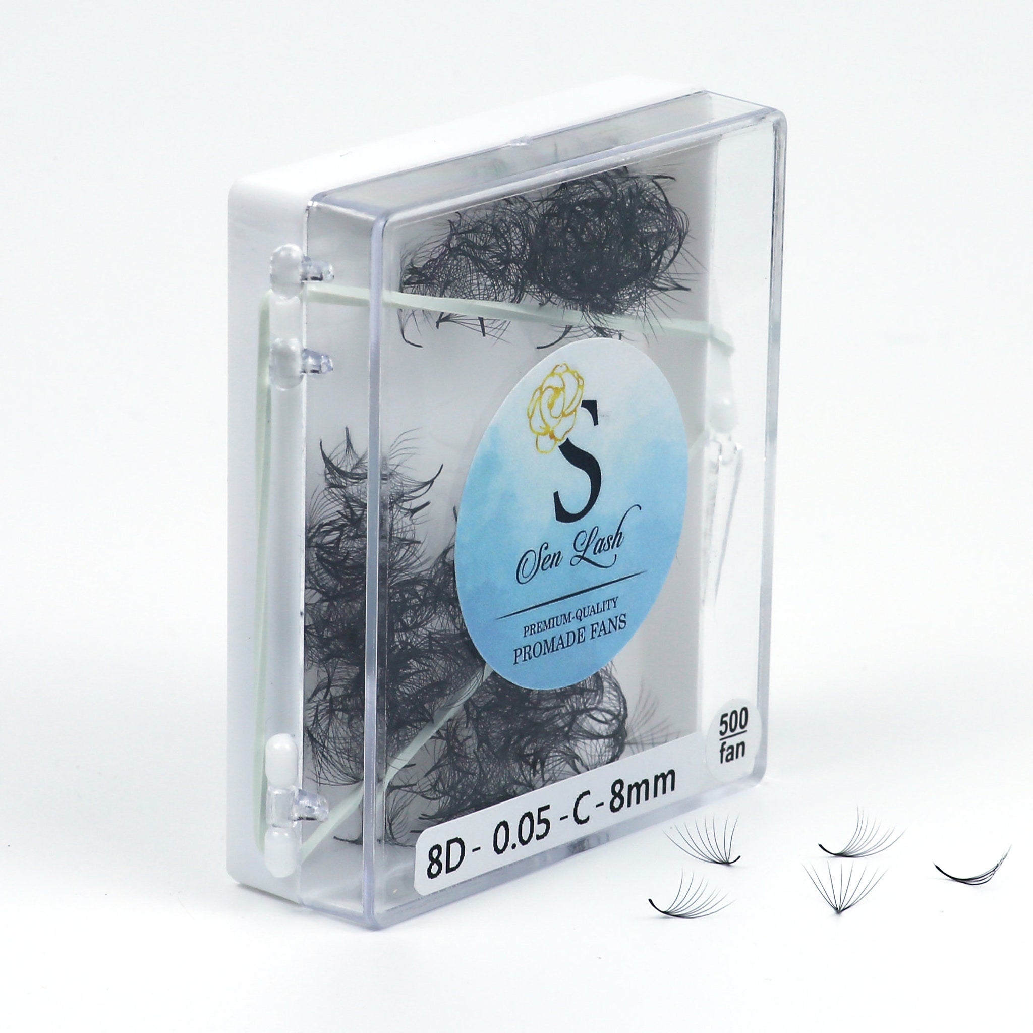 Promade fans in clear case with black lash clusters, Sen Lash brand, 8D-0.05-C-8mm text visible