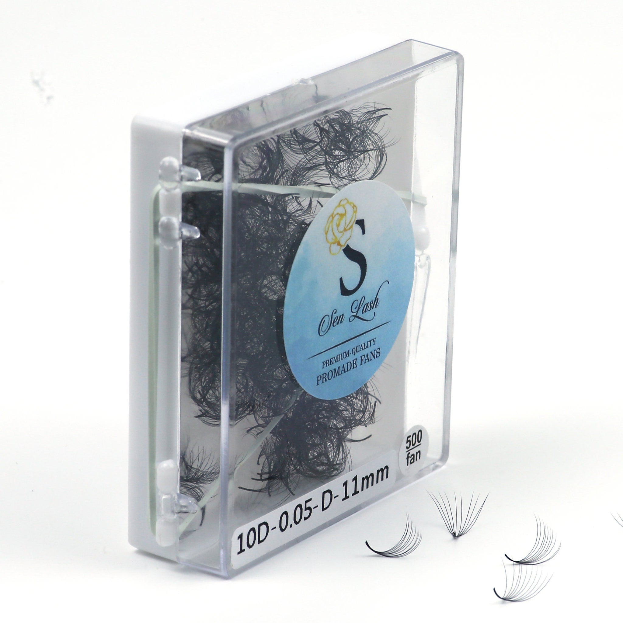 Promade fans, black synthetic lashes in clear plastic case with Sen Lash branding and 500 fan count visible