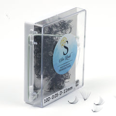 Promade fans, black synthetic lashes in clear plastic case with Sen Lash branding and 500 fan count visible