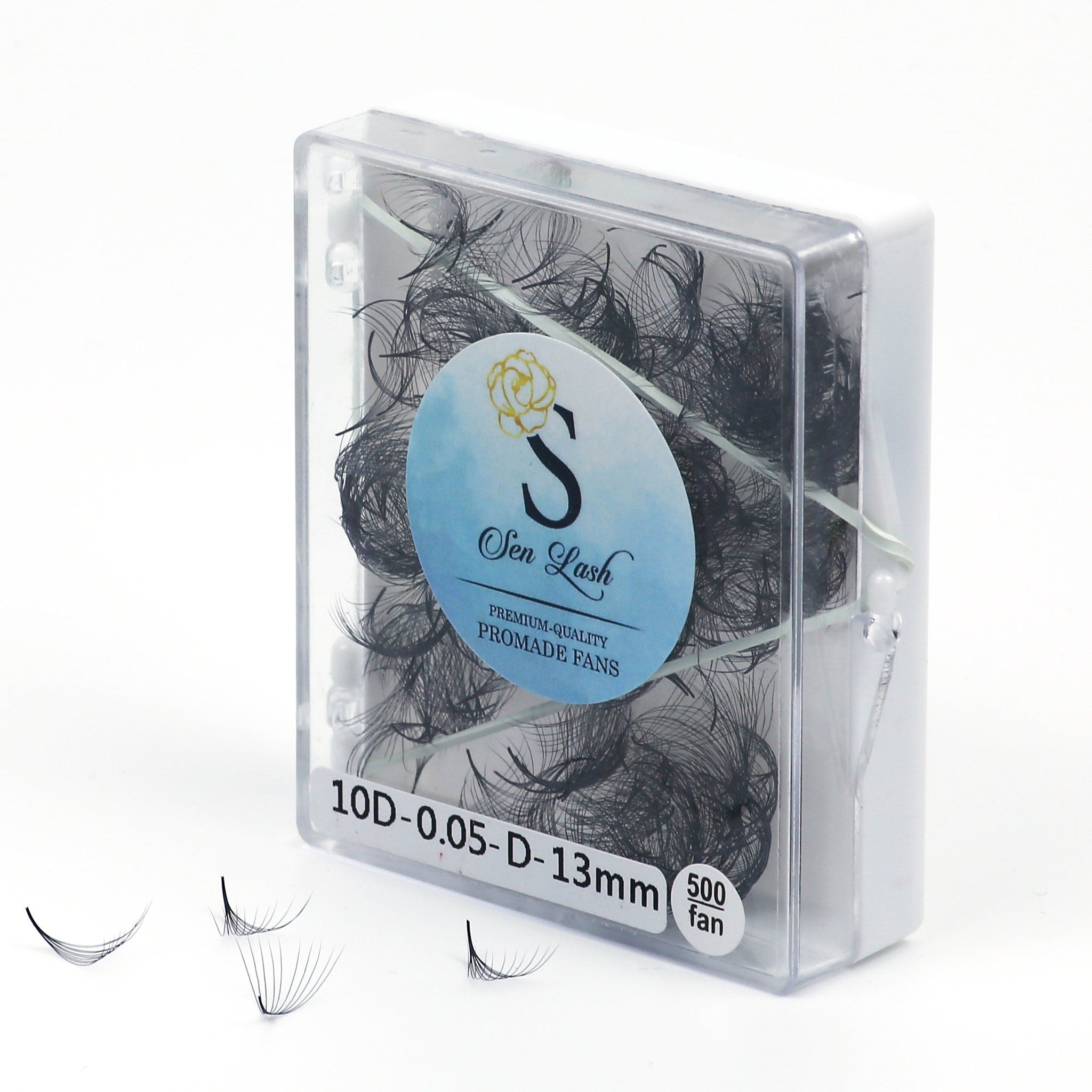 Eyelash extensions in clear plastic box with black lashes and Sen Lash label