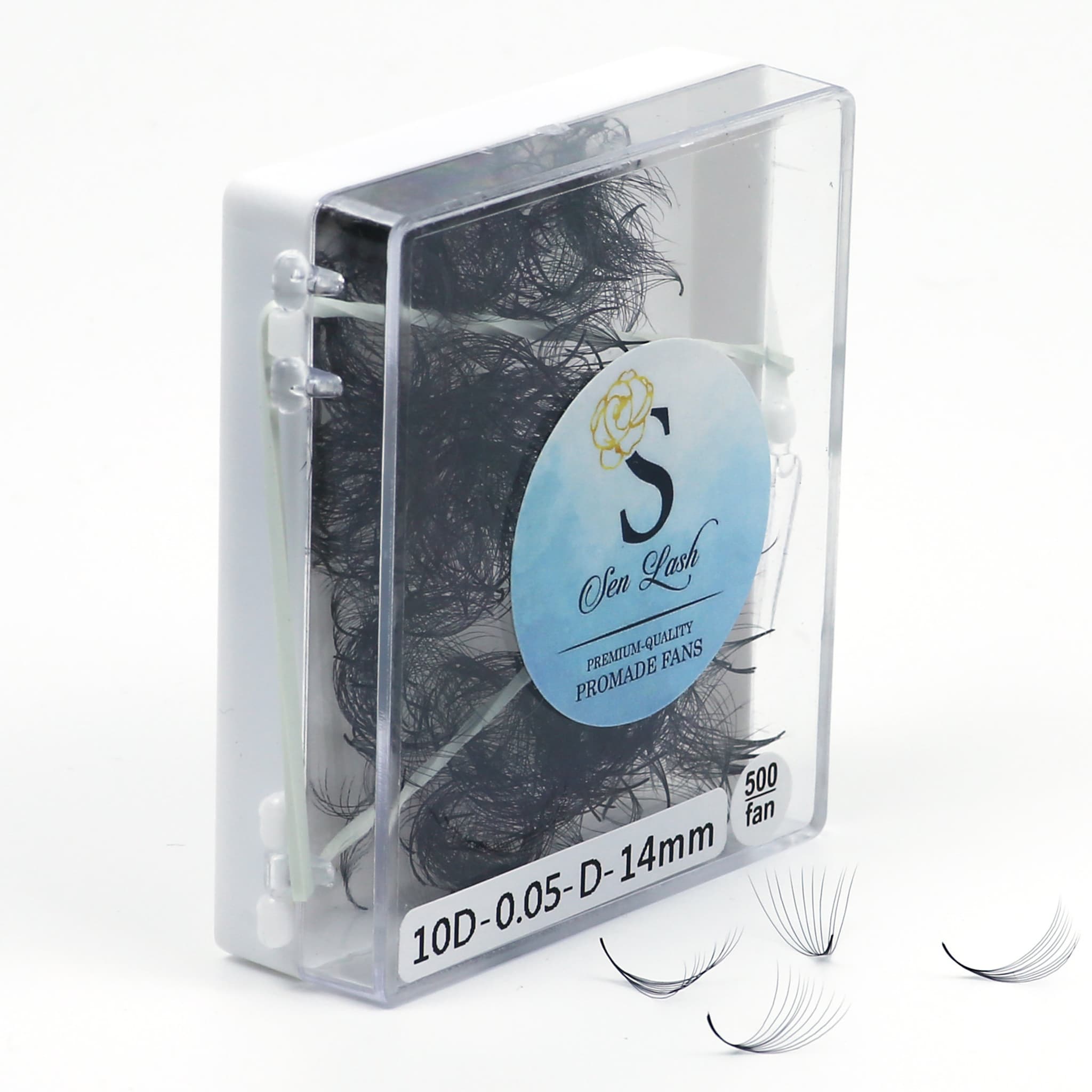 Eyelash extensions in clear plastic case with white accents, black lashes, and Sen Lash label