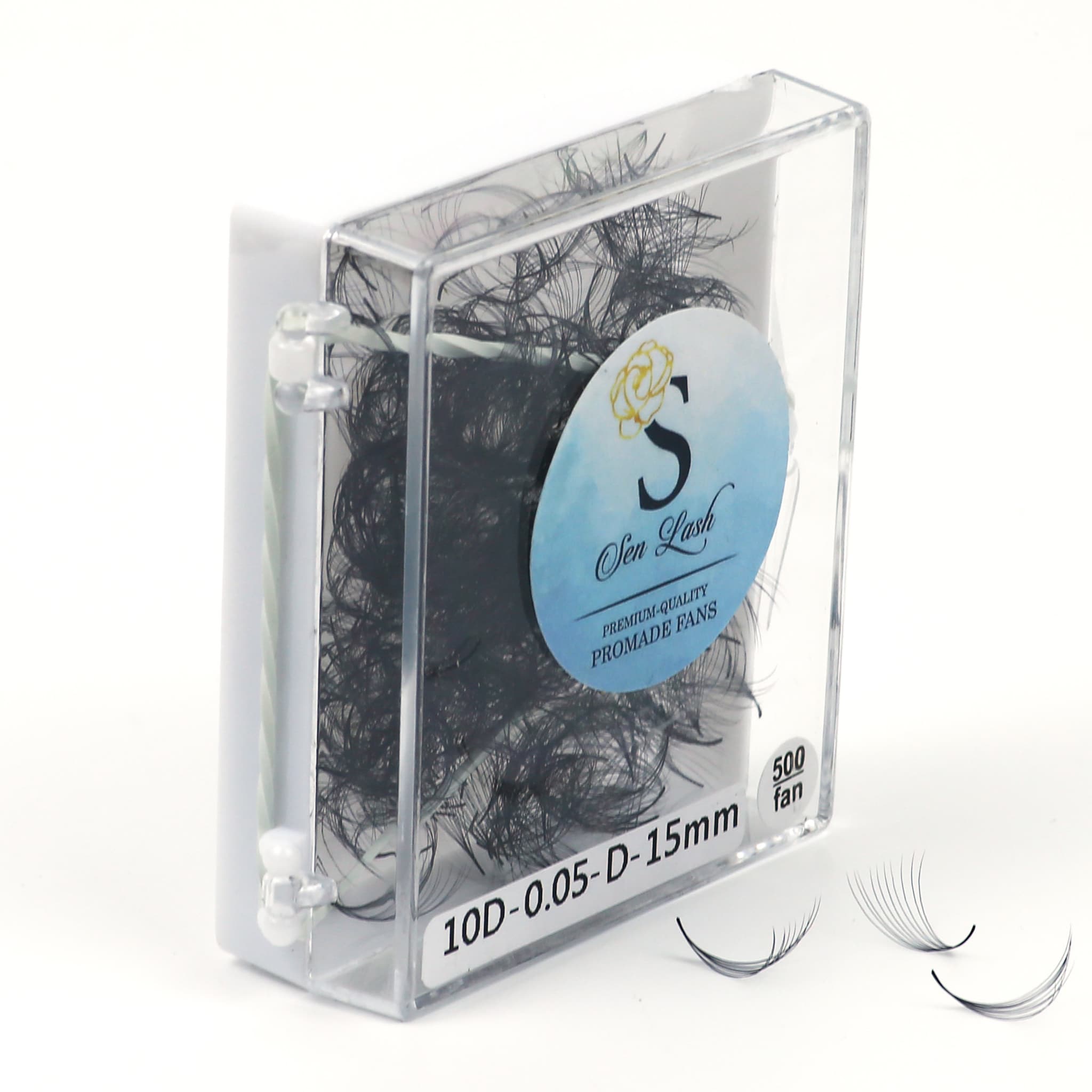Eyelash extensions in clear plastic case, black lashes, Sen Lash branding visible, 500 fan count
