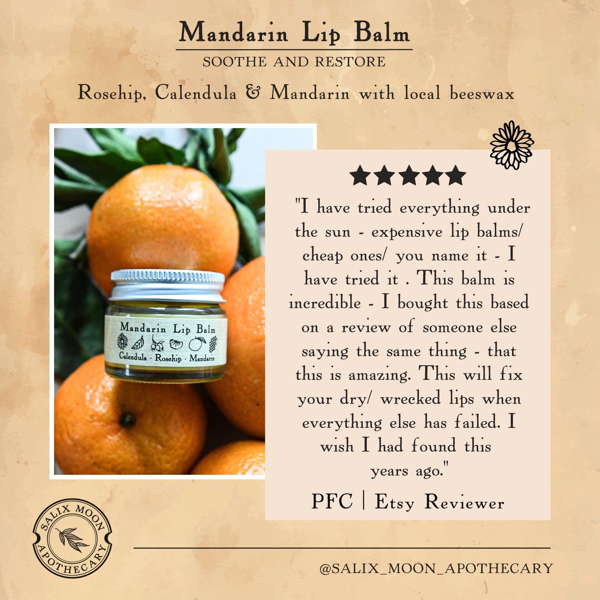 Mandarin Lip Balm jar with orange fruit, glass jar, and SALIX MOON Apothecary logo