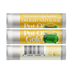 Lip balm tube with yellow and green label, "Pot O' Gold" text, and barcode