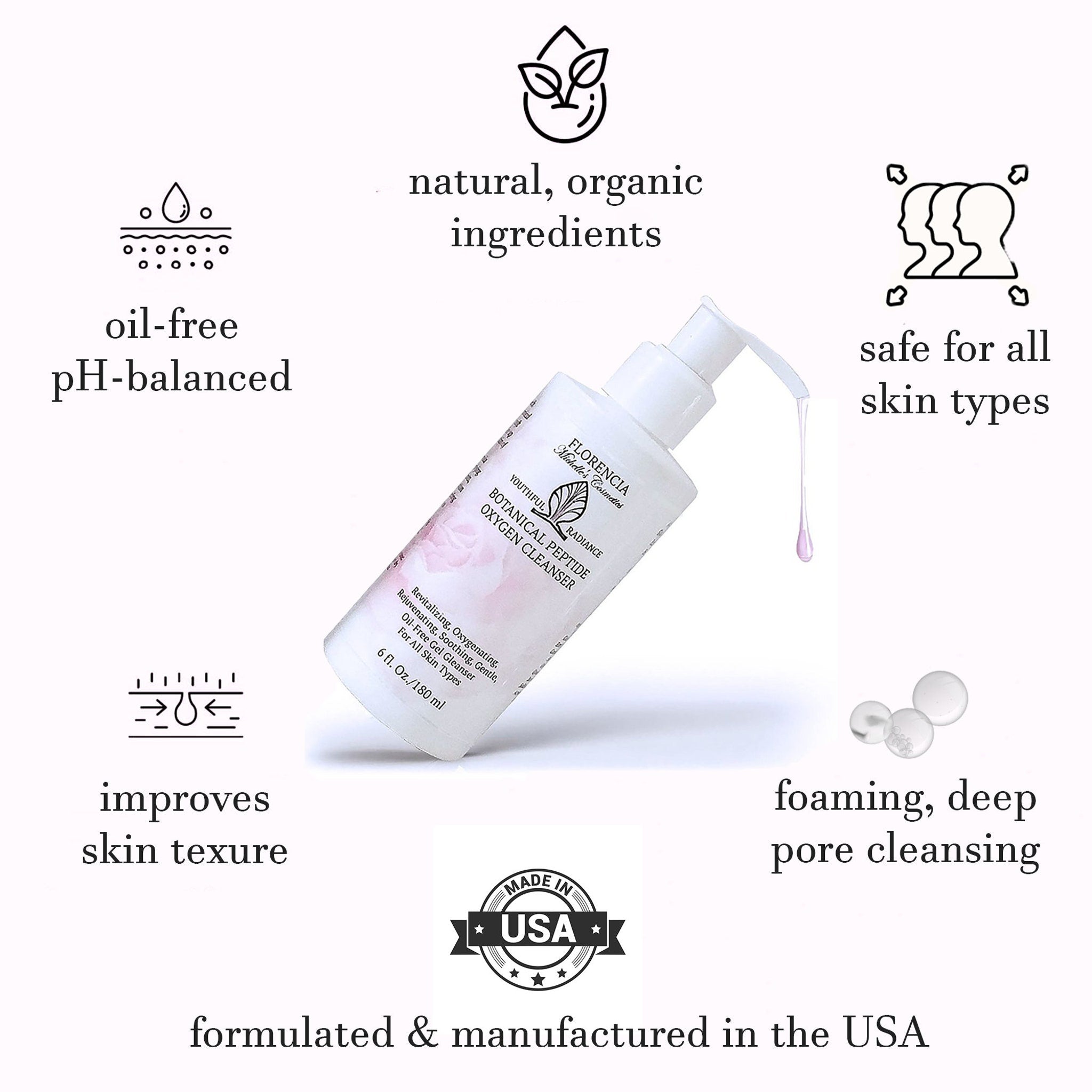 Oxygen cleanser bottle in white with pump, liquid drop, and "FLORENCIA" brand text