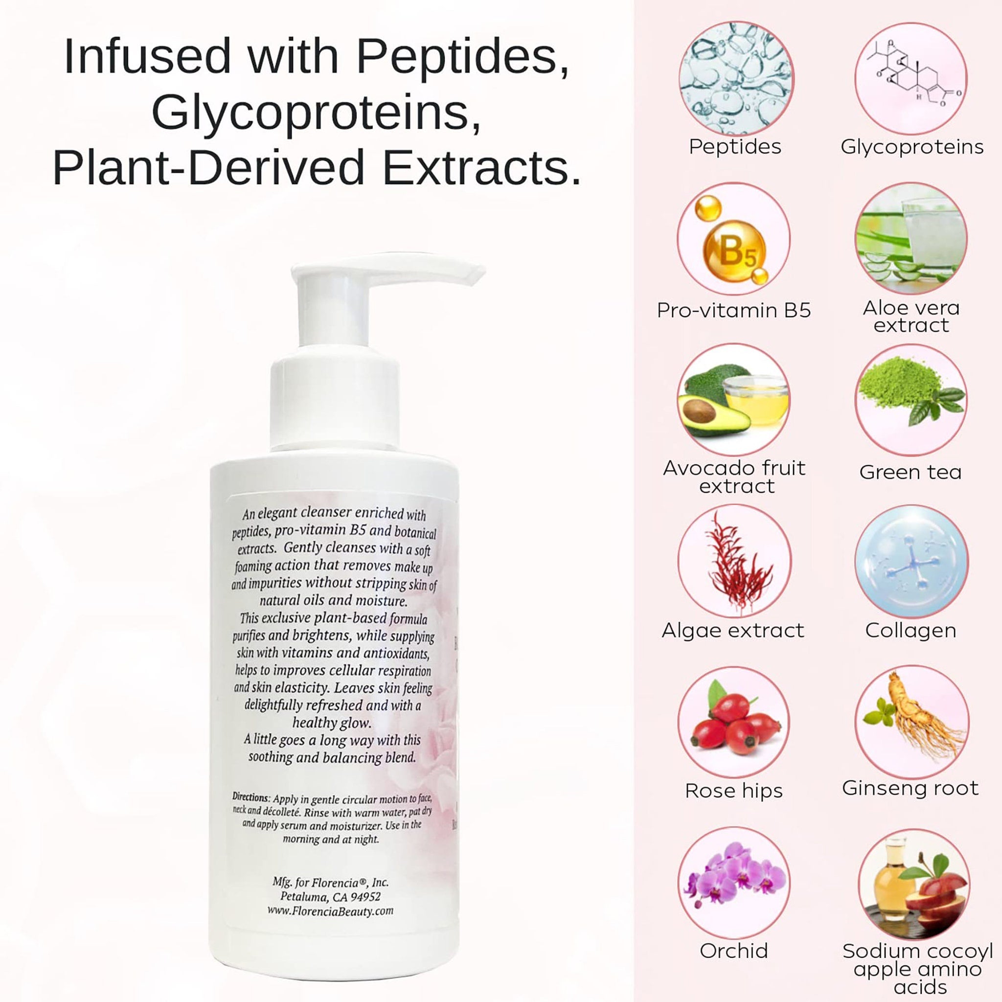 Facial cleanser bottle, white plastic, pump top, with ingredient illustrations and text.