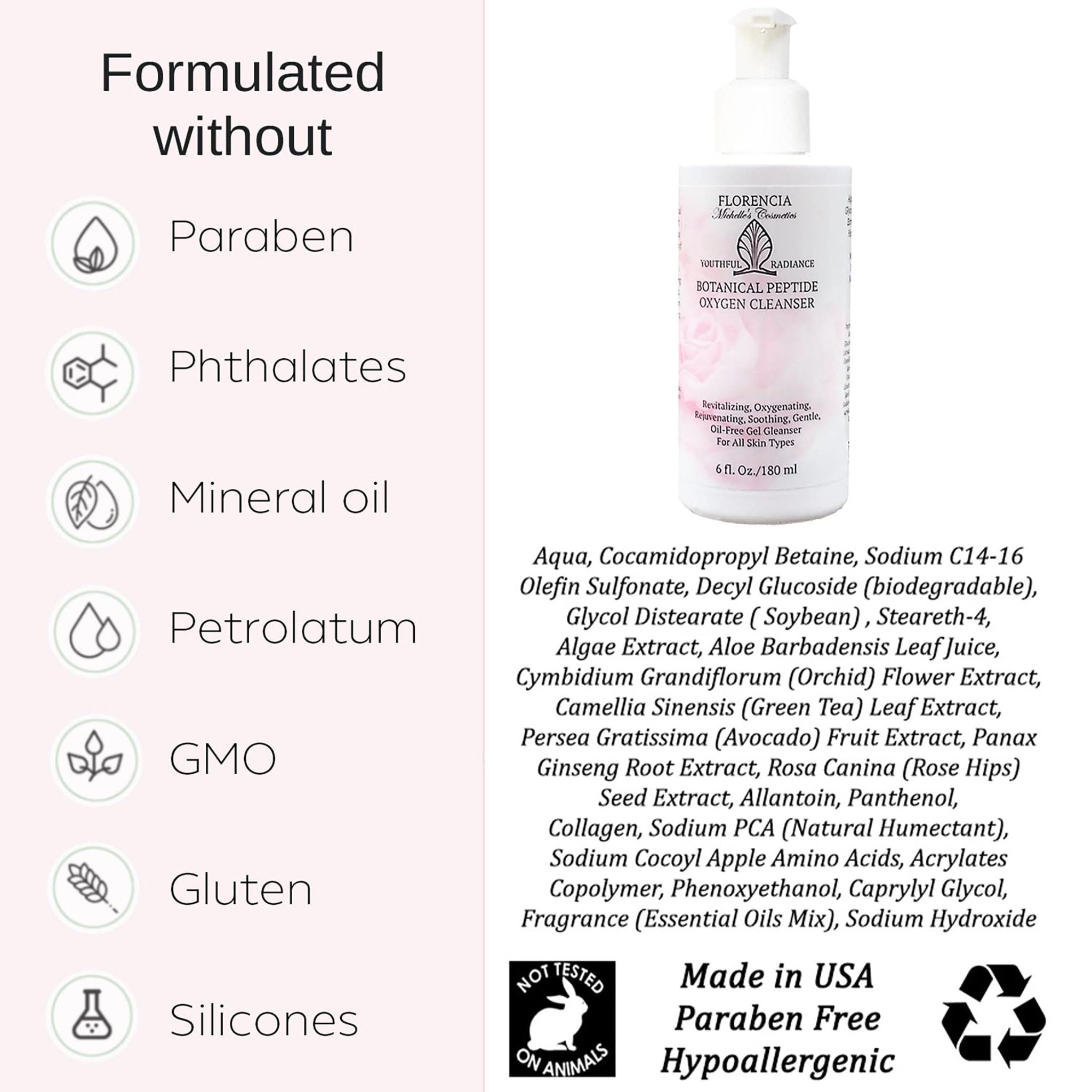 Oxygen cleanser bottle, white pump top, pink and white label, "Florencia" brand name visible
