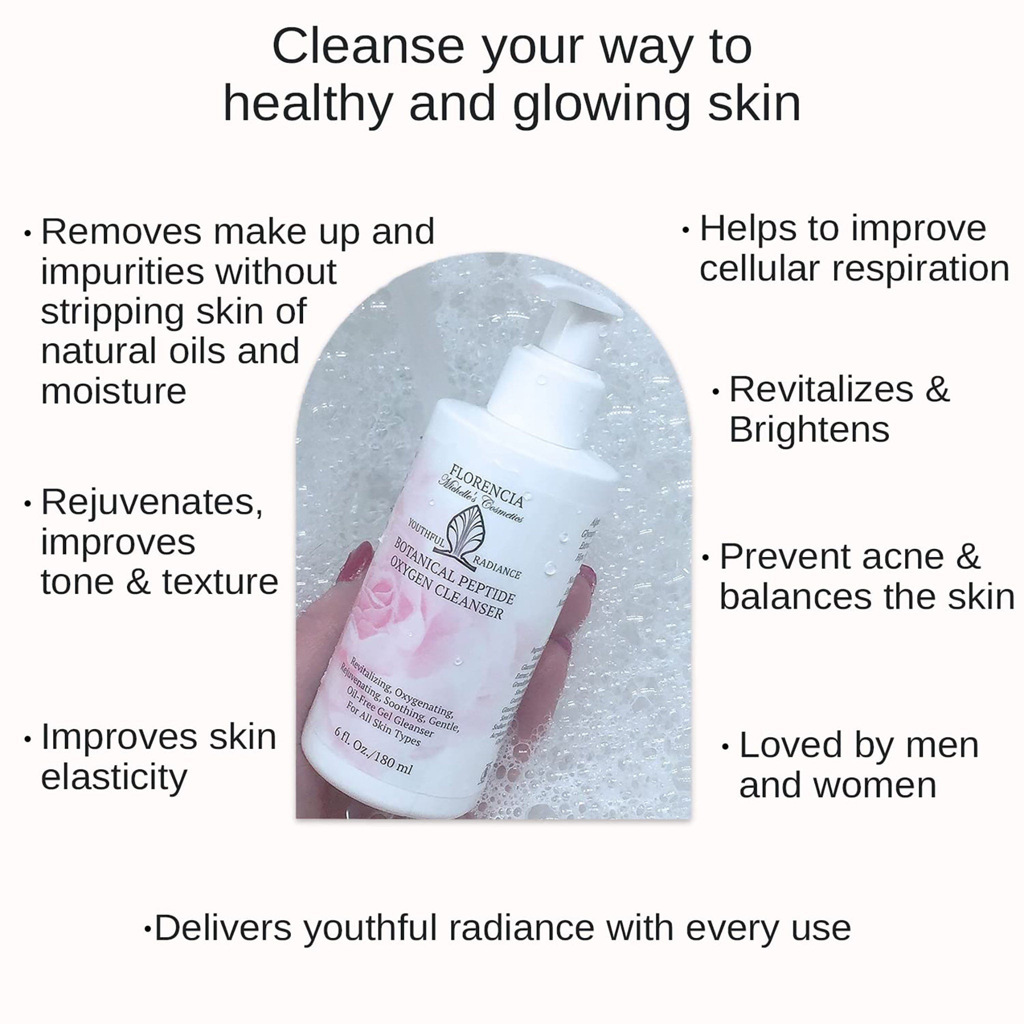 Oxygen cleanser bottle, white bottle with pink floral design, brand name Florencia visible