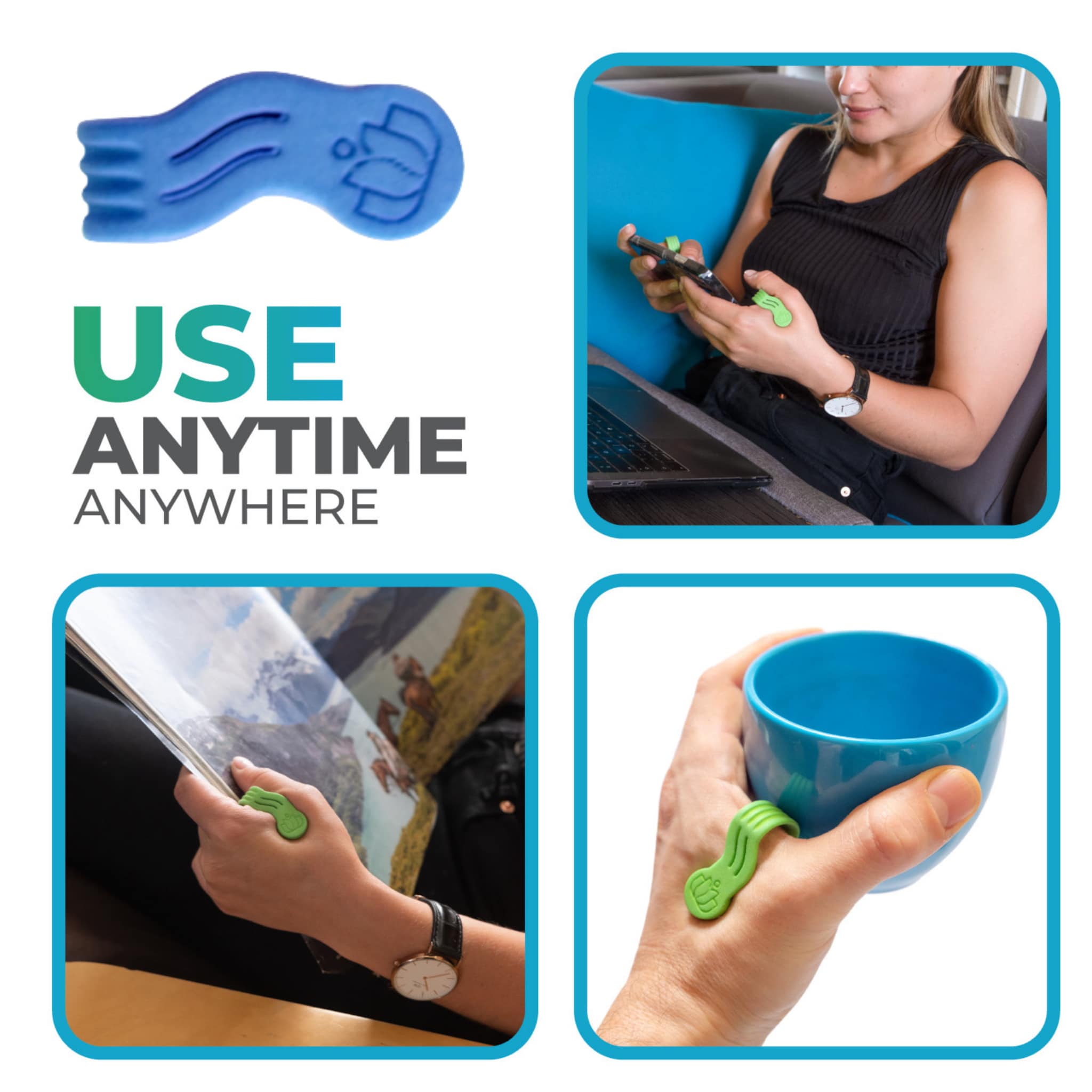 Finger grip accessory in blue and green, used while holding a phone and a mug