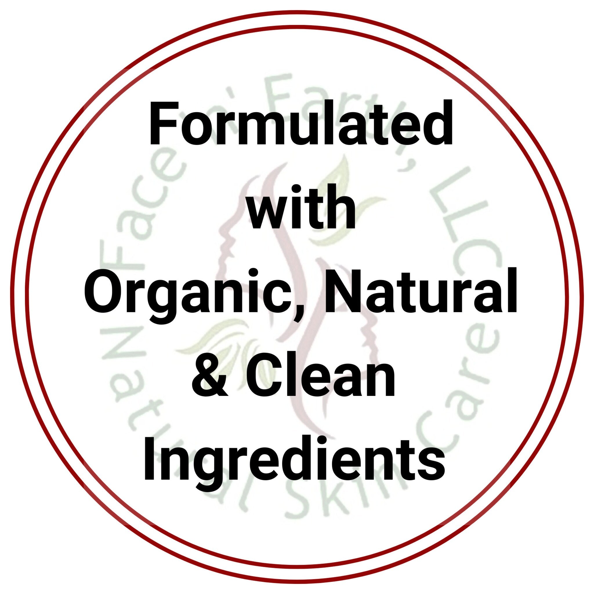 Round logo with red and white border, black text, and green accents.