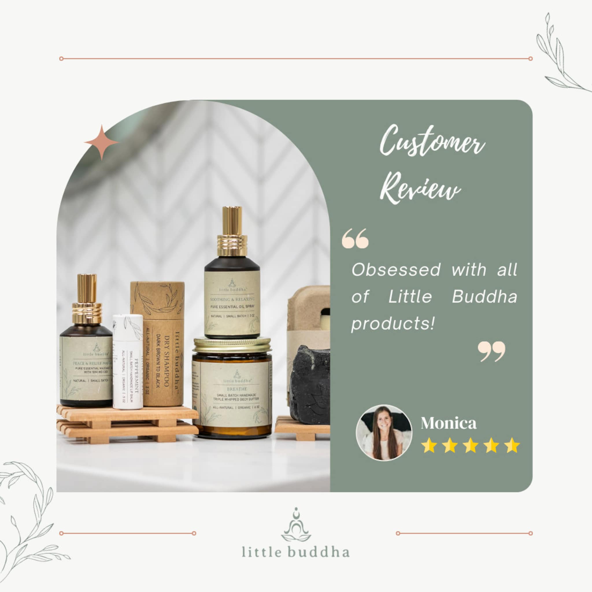 Little Buddha products in glass bottles, wood packaging, and customer review on green background