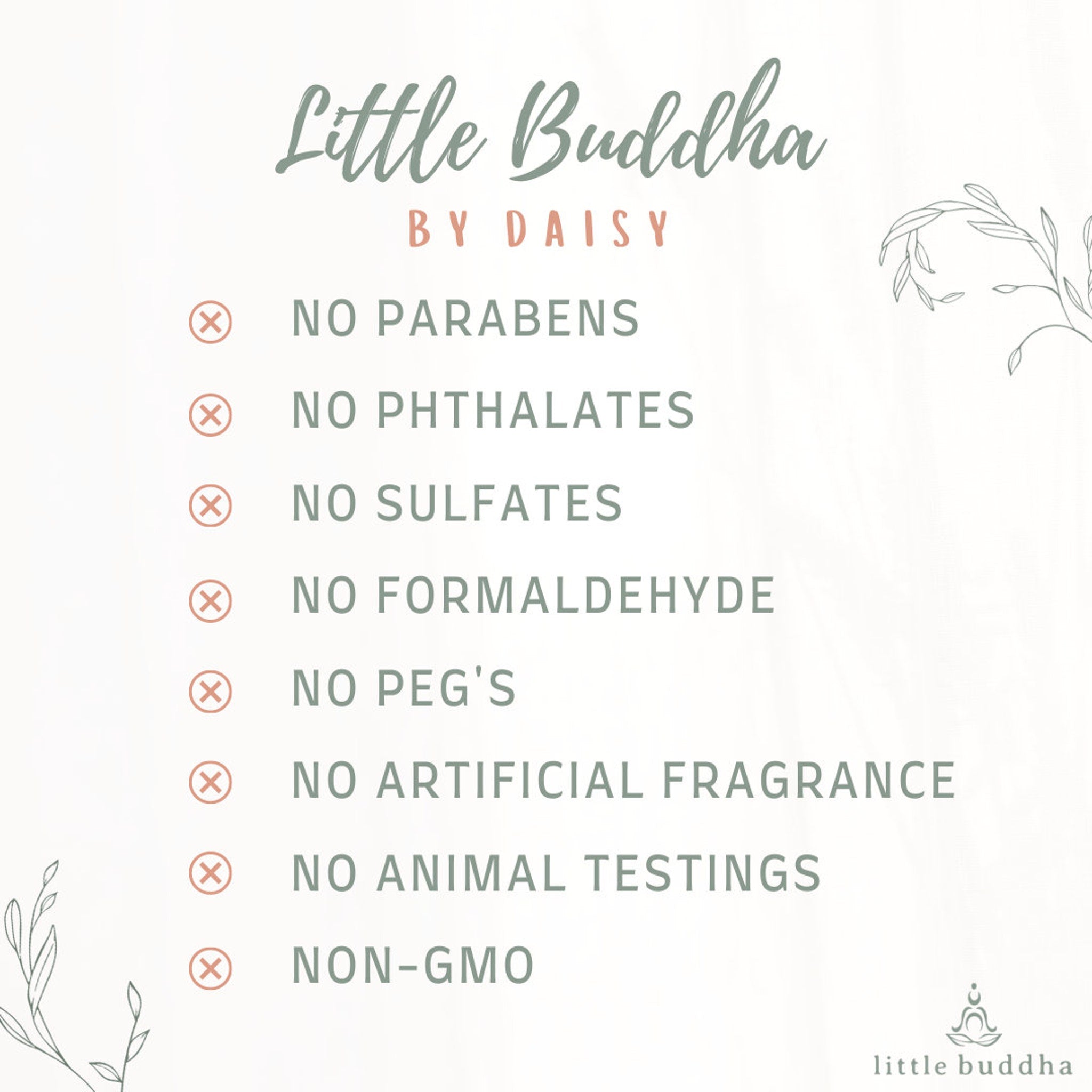 Little Buddha logo on cream background with green text and floral accents, by Daisy brand