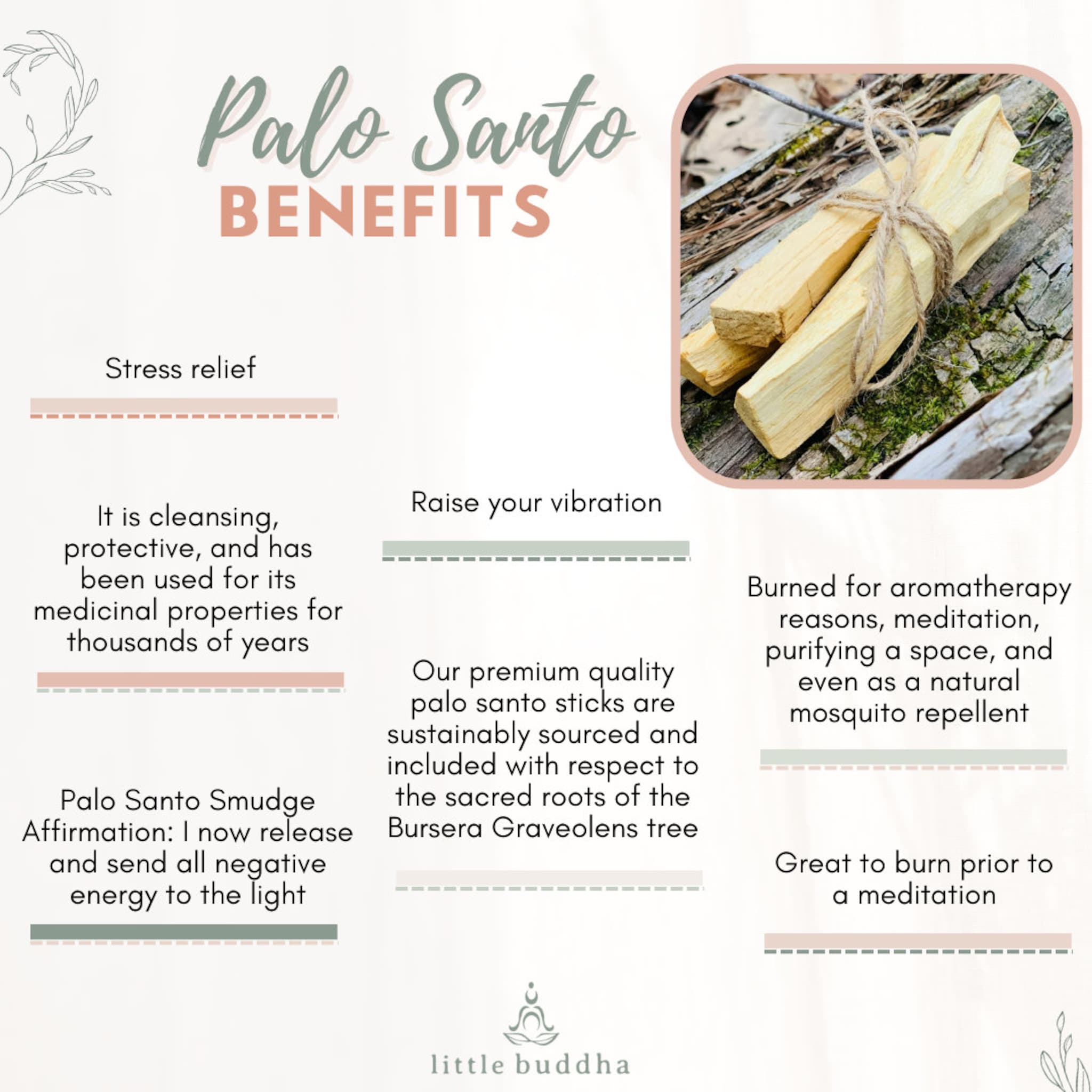 Palo Santo sticks, light brown wood tied with twine, on a wood background, benefits listed