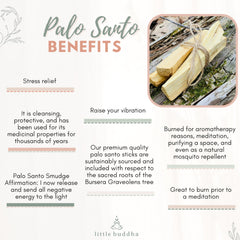 Palo Santo sticks, light brown wood tied with twine, on a wood background, benefits listed